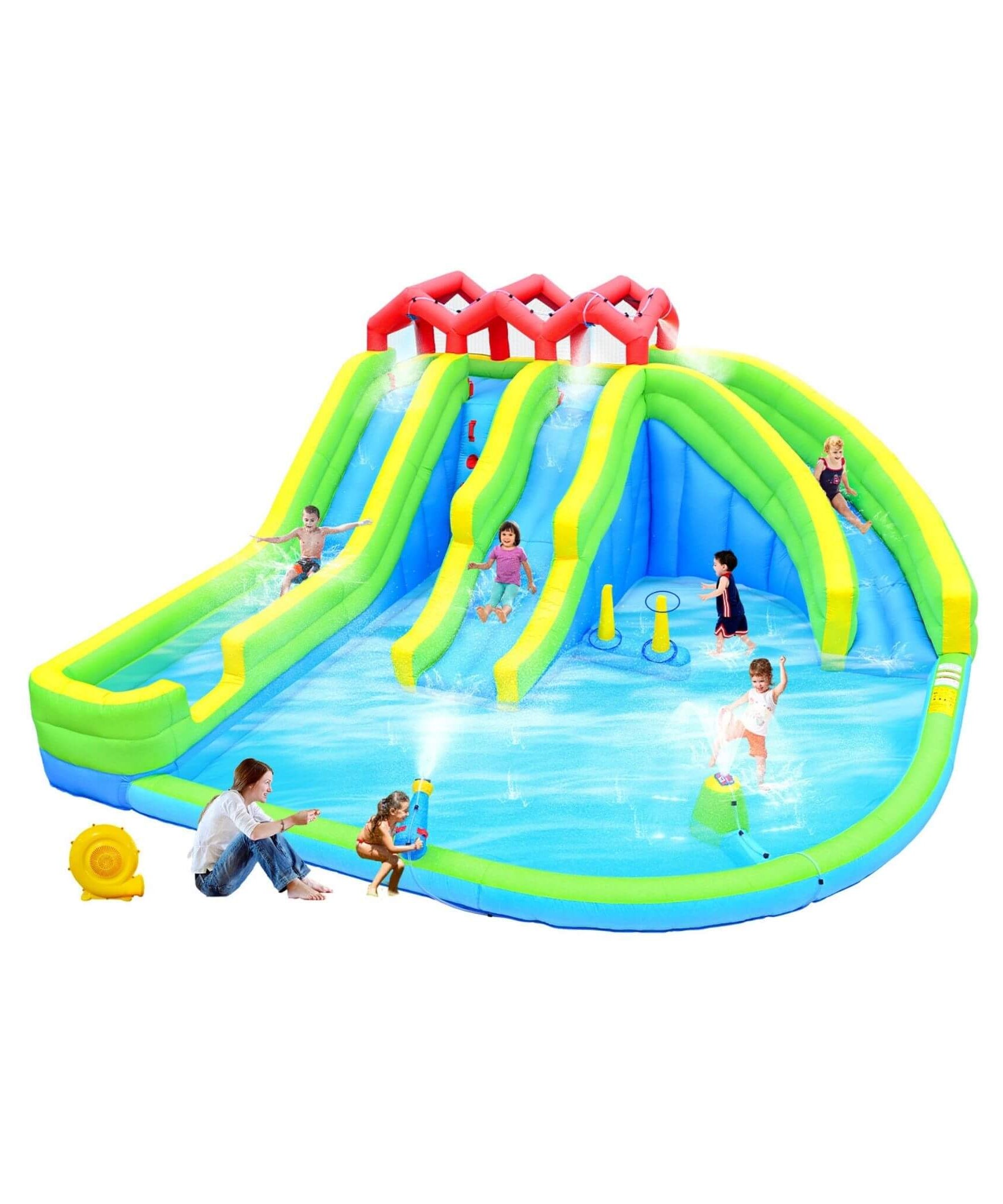 7-In-1 Inflatable Water Park With Triple Slides, Water Gun, And Climbing Wall (SAK98134)