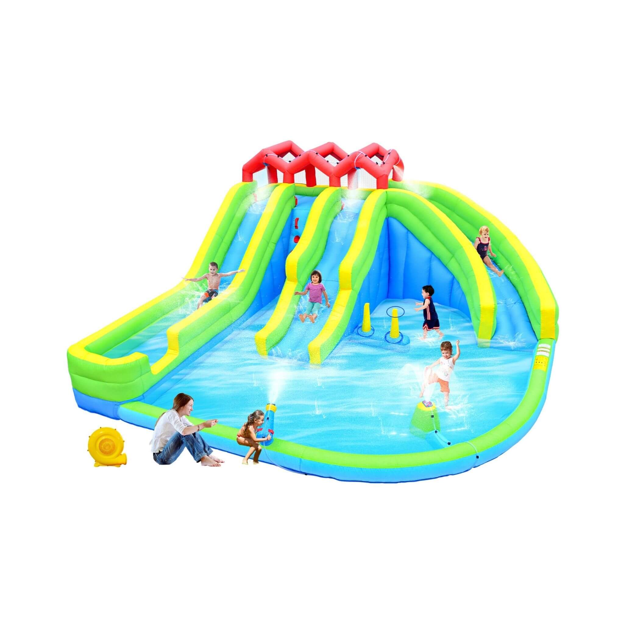 7-In-1 Inflatable Water Park With Triple Slides, Water Gun, And Climbing Wall (SAK98134)