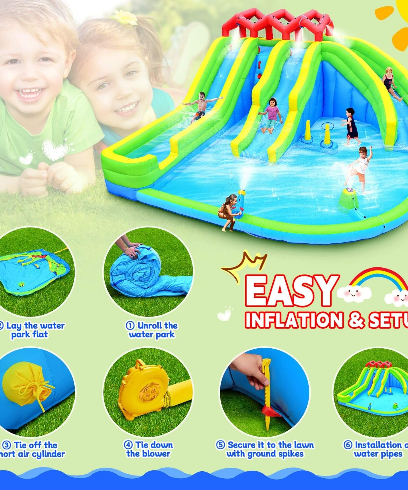 7-In-1 Inflatable Water Park With Triple Slides, Water Gun, And Climbing Wall (SAK98134)