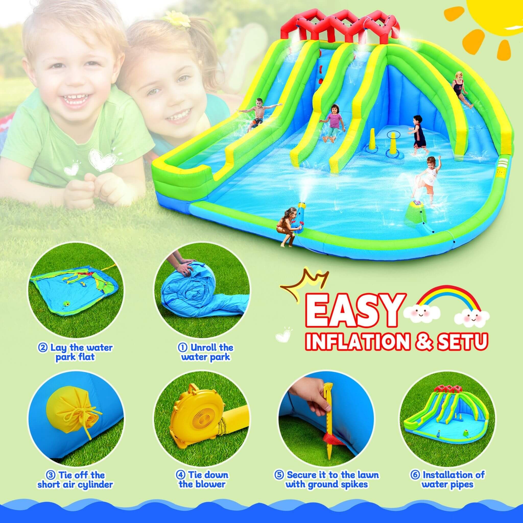 7-In-1 Inflatable Water Park With Triple Slides, Water Gun, And Climbing Wall (SAK98134)