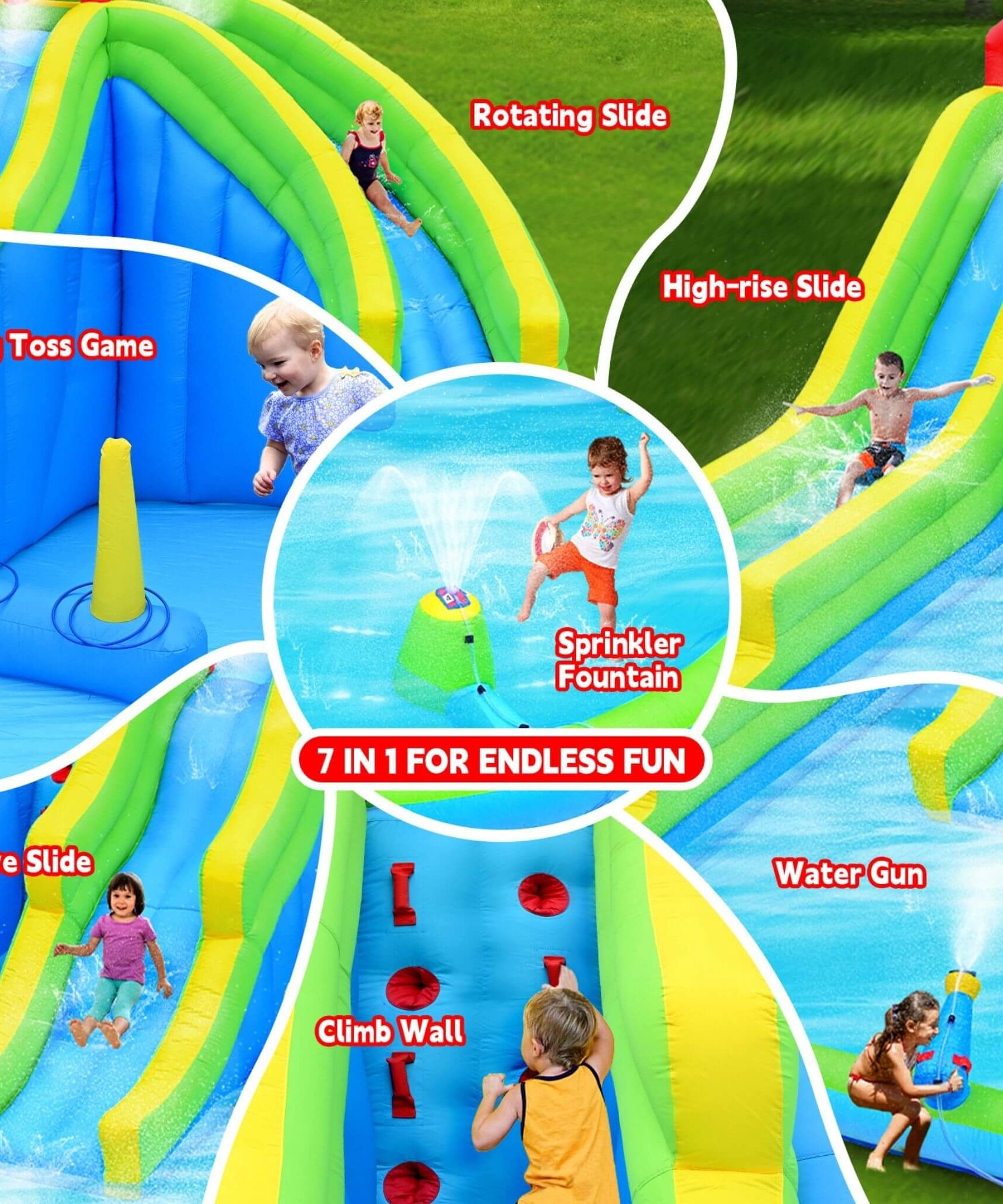 7-In-1 Inflatable Water Park With Triple Slides, Water Gun, And Climbing Wall (SAK98134)