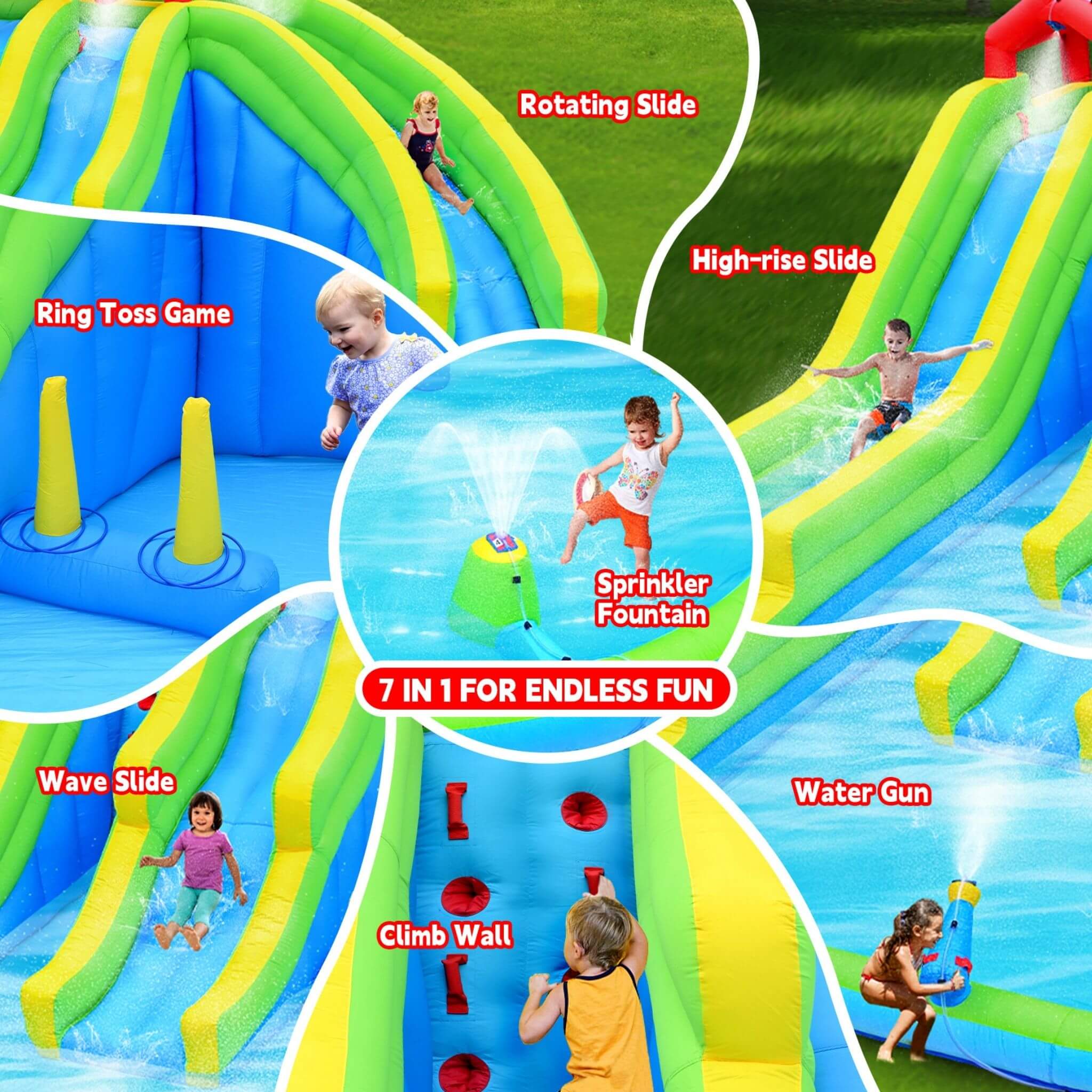 7-In-1 Inflatable Water Park With Triple Slides, Water Gun, And Climbing Wall (SAK98134)