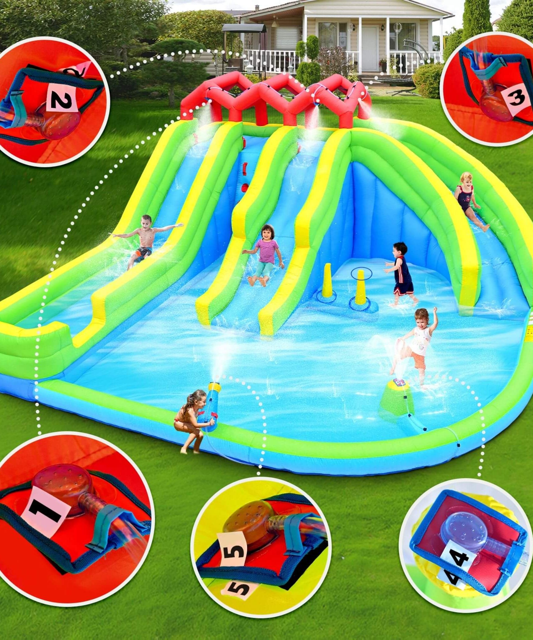 7-In-1 Inflatable Water Park With Triple Slides, Water Gun, And Climbing Wall (SAK98134)