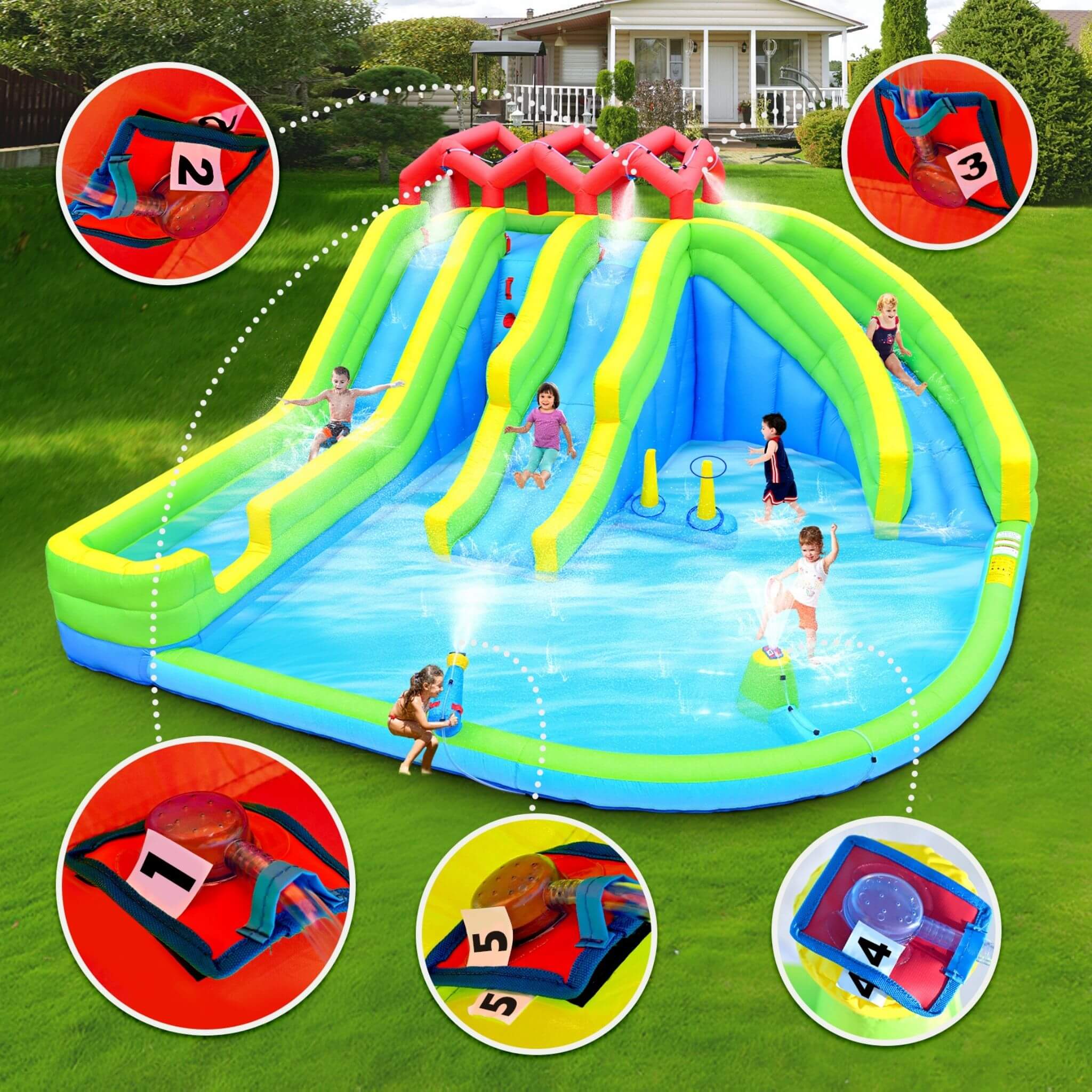 7-In-1 Inflatable Water Park With Triple Slides, Water Gun, And Climbing Wall (SAK98134)