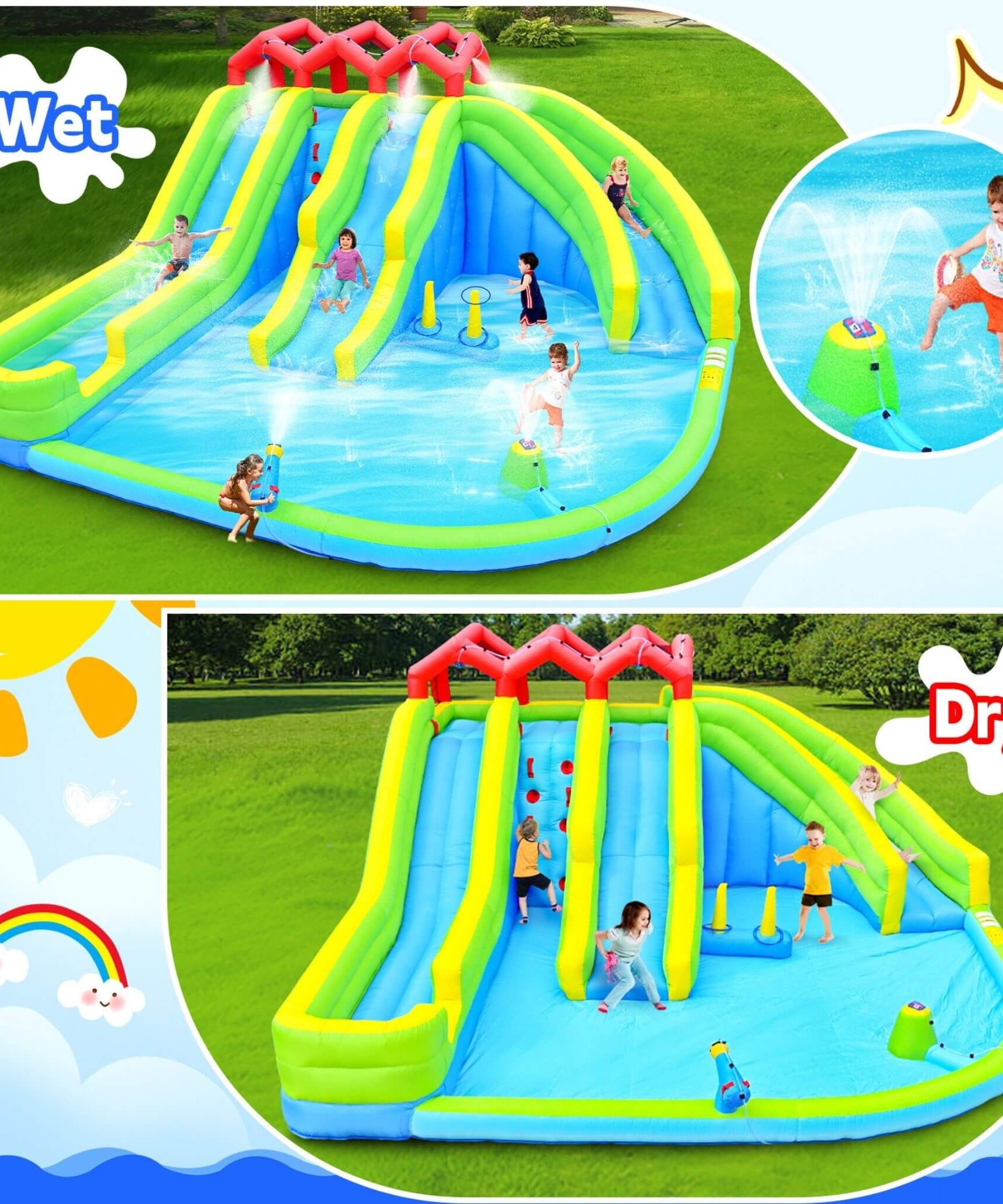 7-In-1 Inflatable Water Park With Triple Slides, Water Gun, And Climbing Wall (SAK98134)