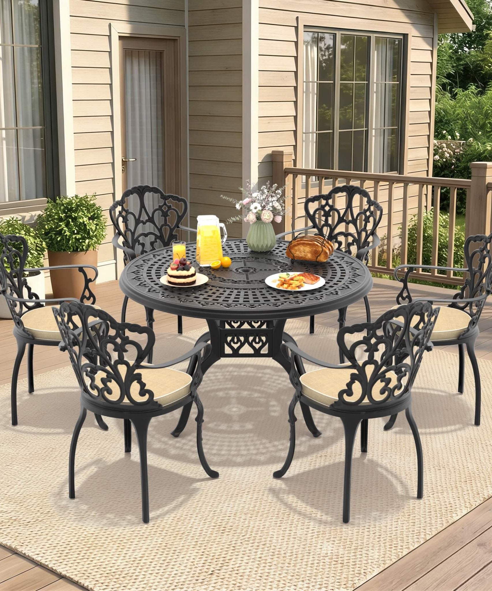 Alora 7-Piece Cast Aluminum Patio Furniture Set With Black Frame And Off-White Cushions (SAK12948)
