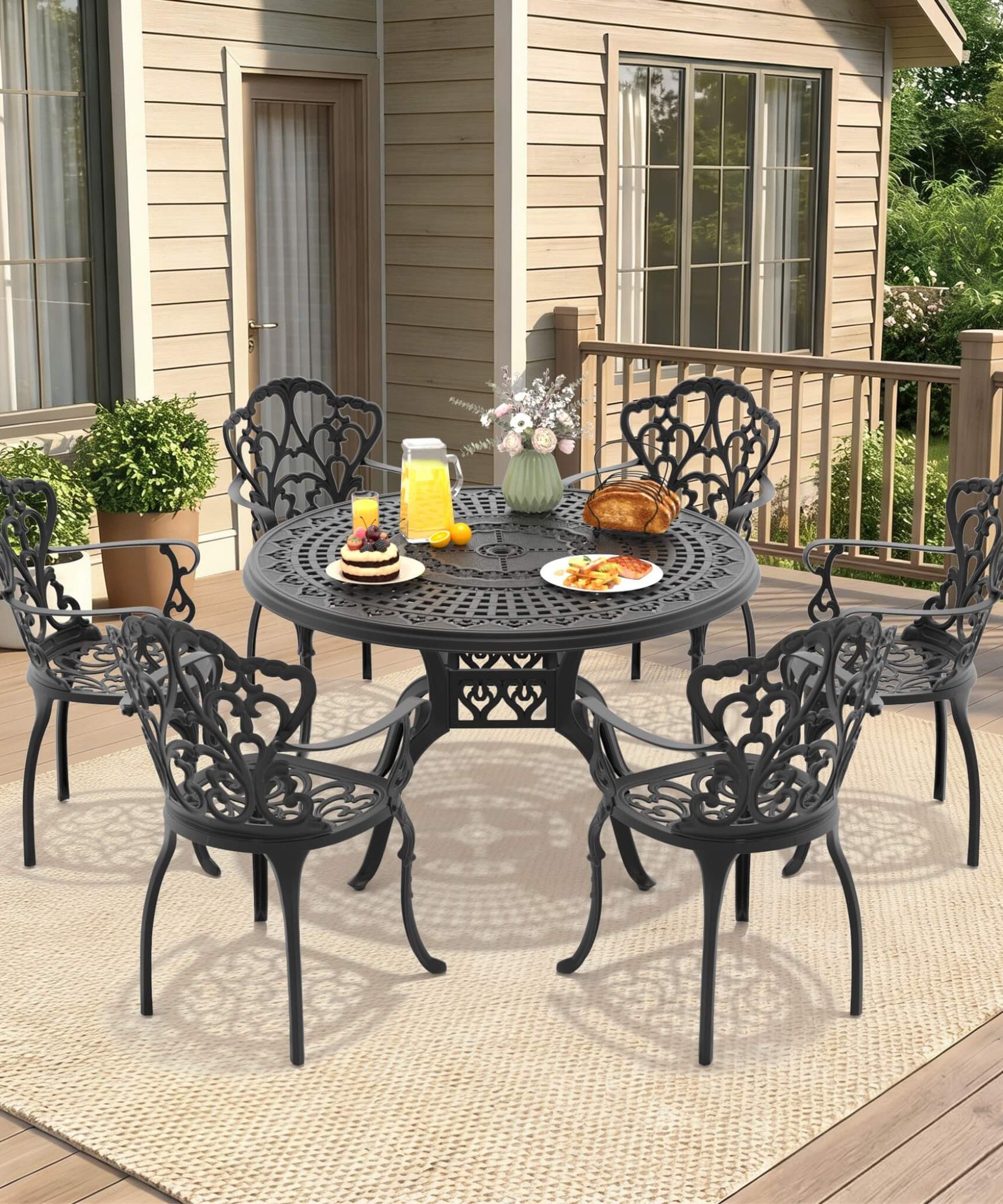 Alora 7-Piece Cast Aluminum Patio Furniture Set With Black Frame And Off-White Cushions (SAK12948)