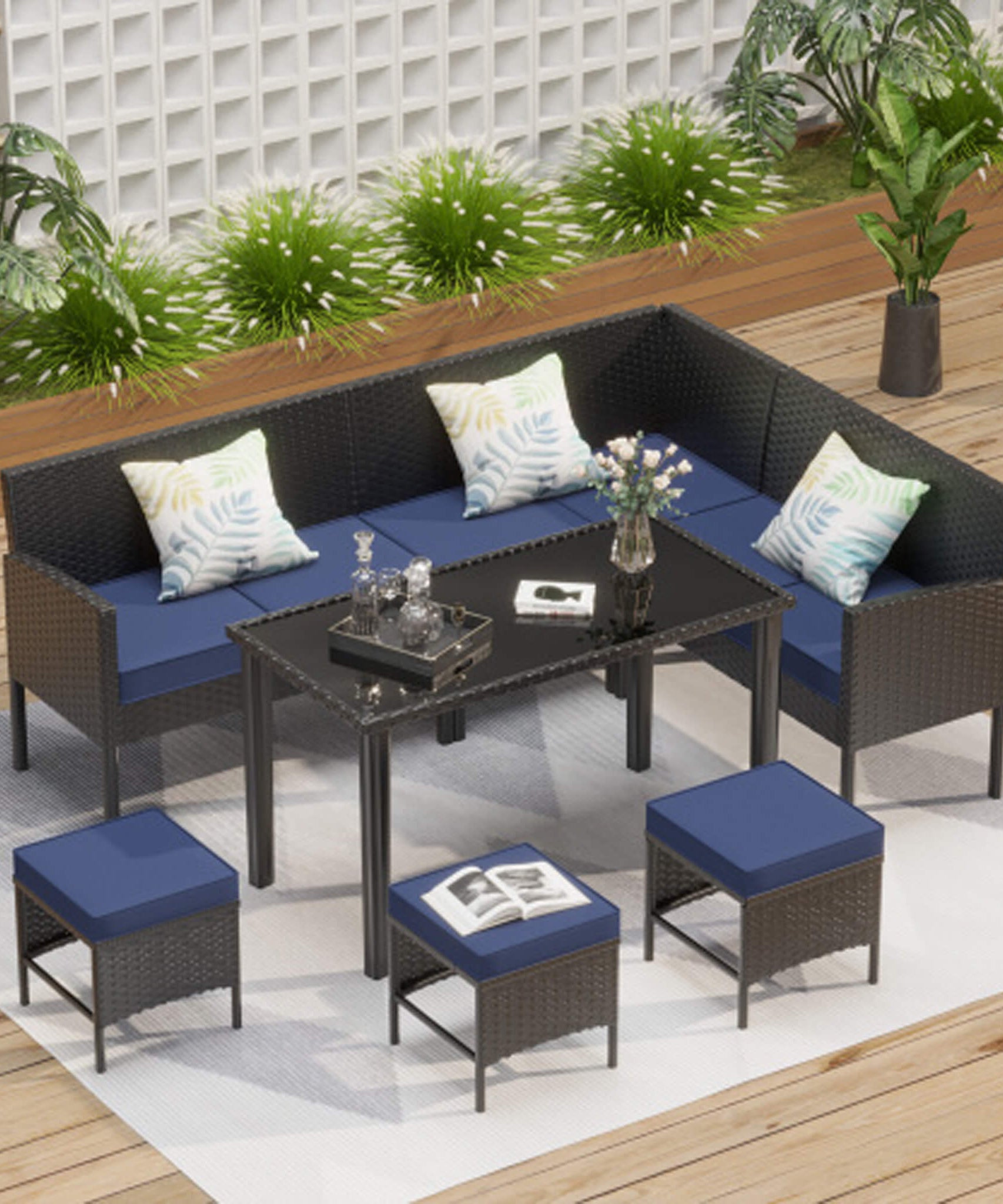 Alora 7-Piece Modern Outdoor Patio Furniture Set With Waterproof Cushions & Glass Table (SAK55673)