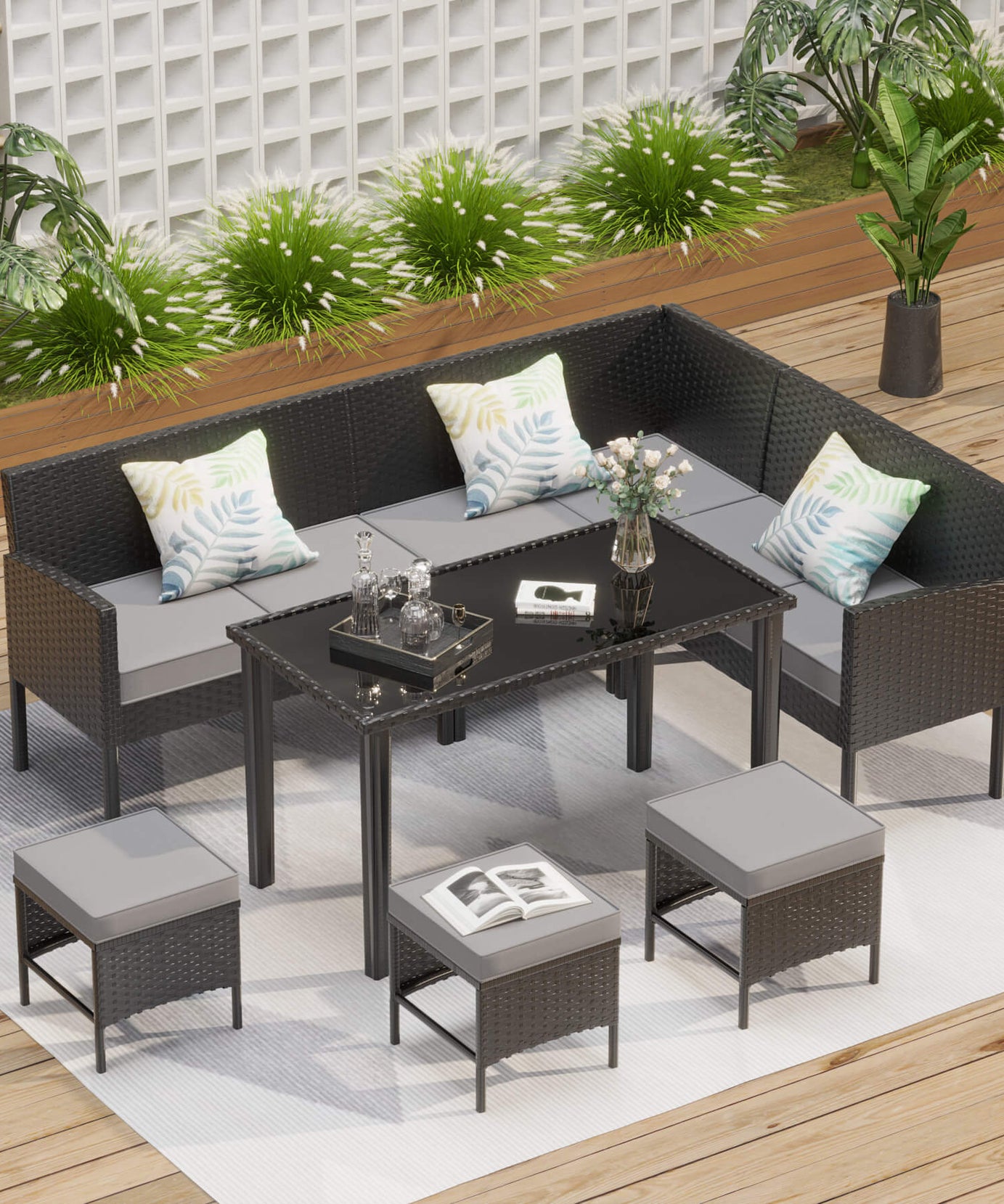 Alora 7-Piece Modern Outdoor Patio Furniture Set With Waterproof Cushions & Glass Table (SAK55673)