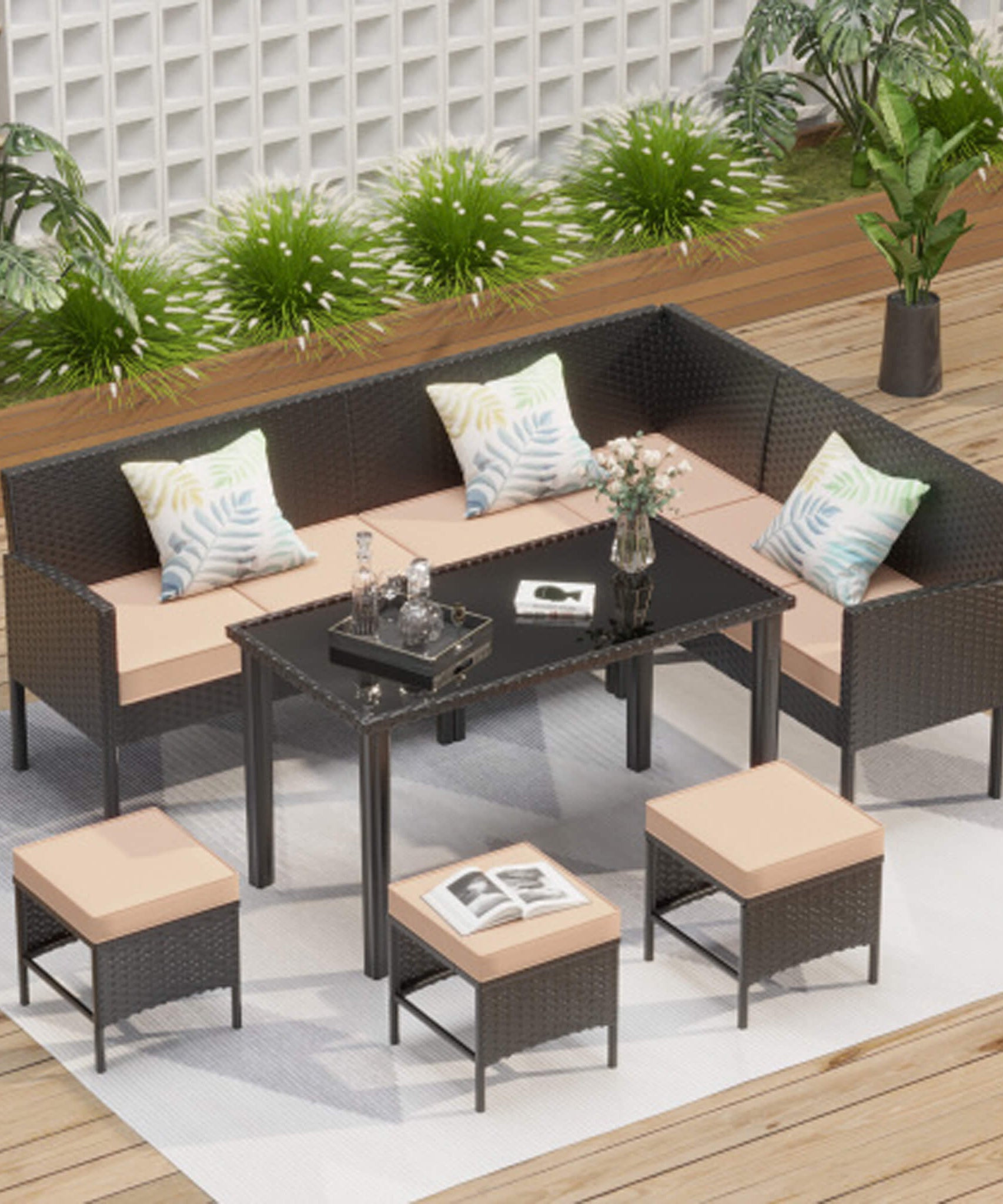Alora 7-Piece Modern Outdoor Patio Furniture Set With Waterproof Cushions & Glass Table (SAK55673)