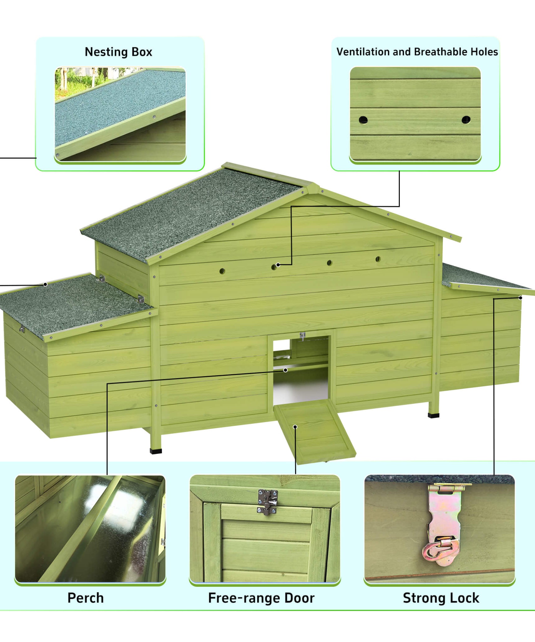 70-Inch Wooden Chicken Coop With Nesting Box, Perch, And Run Doors (SAK74619)