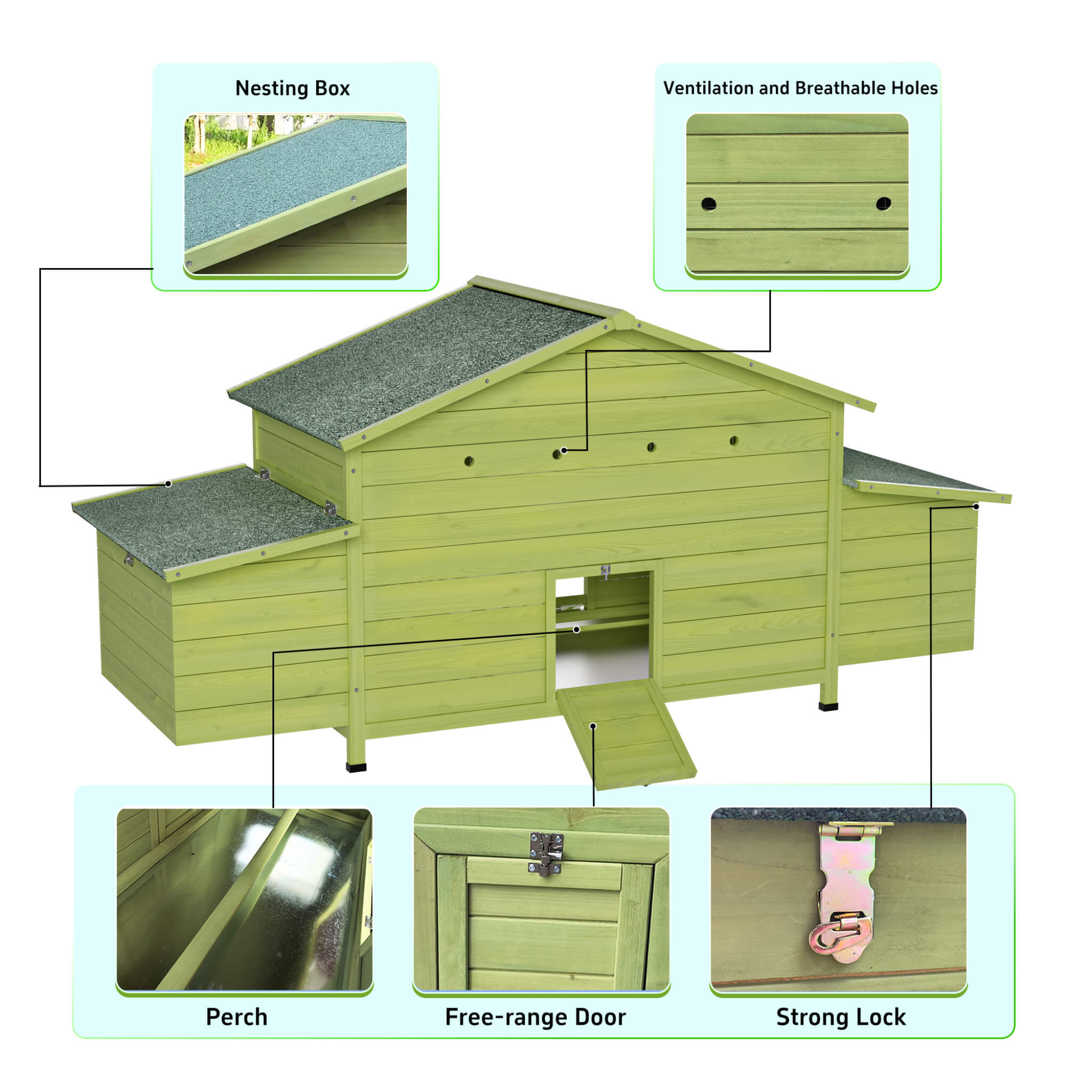 70-Inch Wooden Chicken Coop With Nesting Box, Perch, And Run Doors (SAK74619)