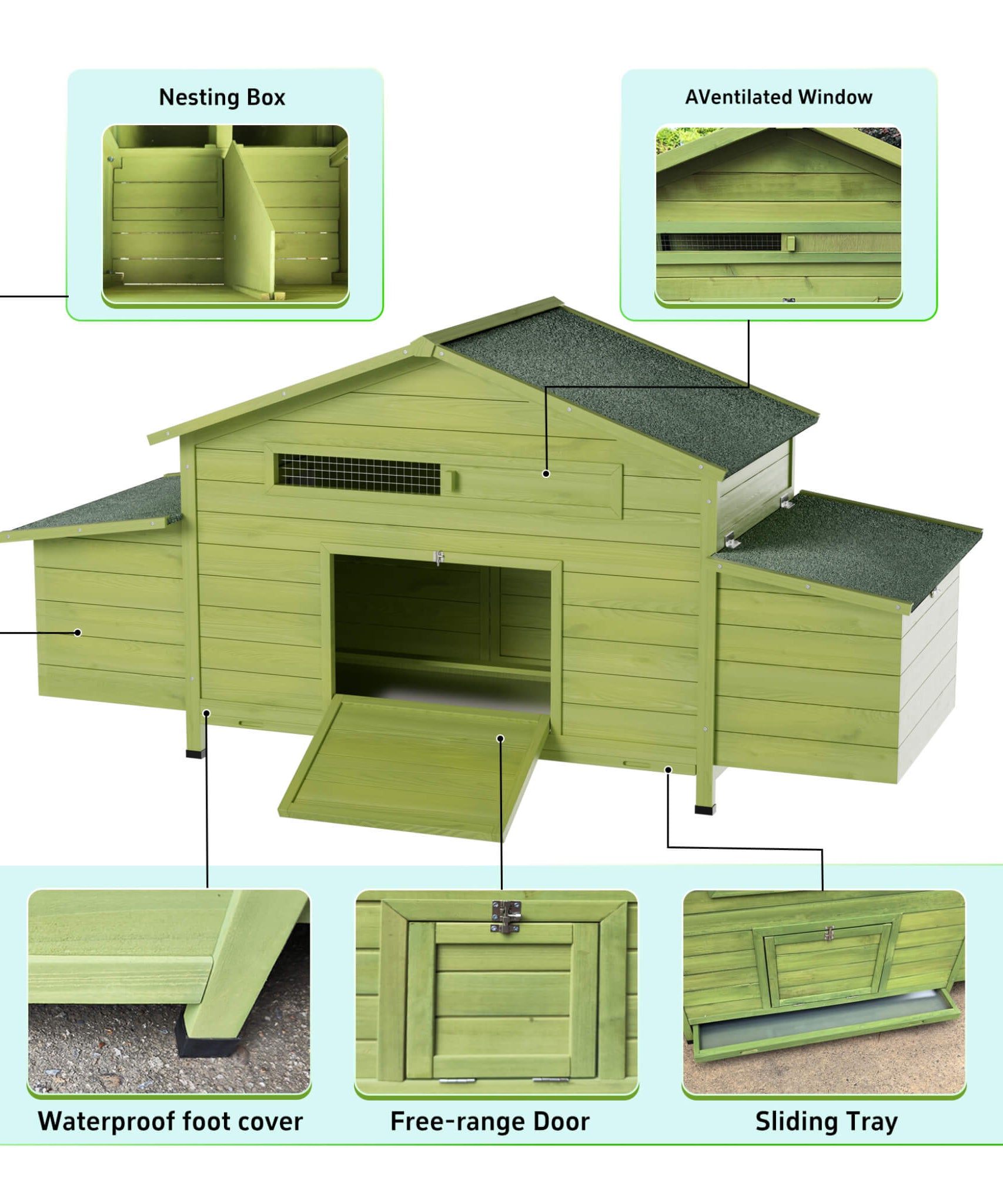 70-Inch Wooden Chicken Coop With Nesting Box, Perch, And Run Doors (SAK74619)