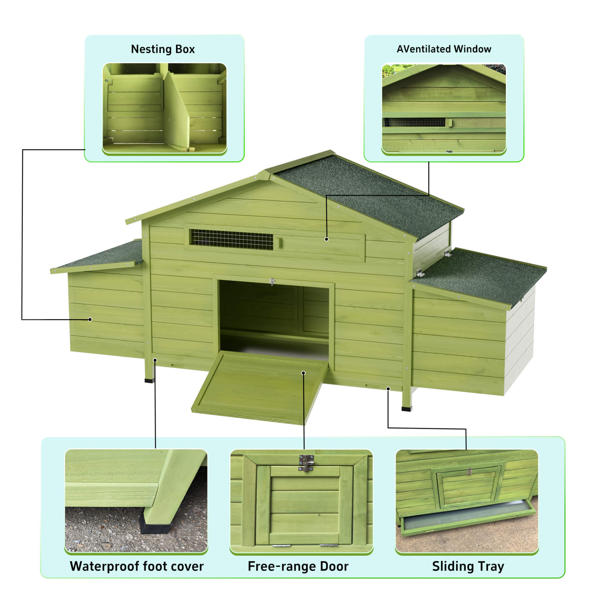 70-Inch Wooden Chicken Coop With Nesting Box, Perch, And Run Doors (SAK74619)