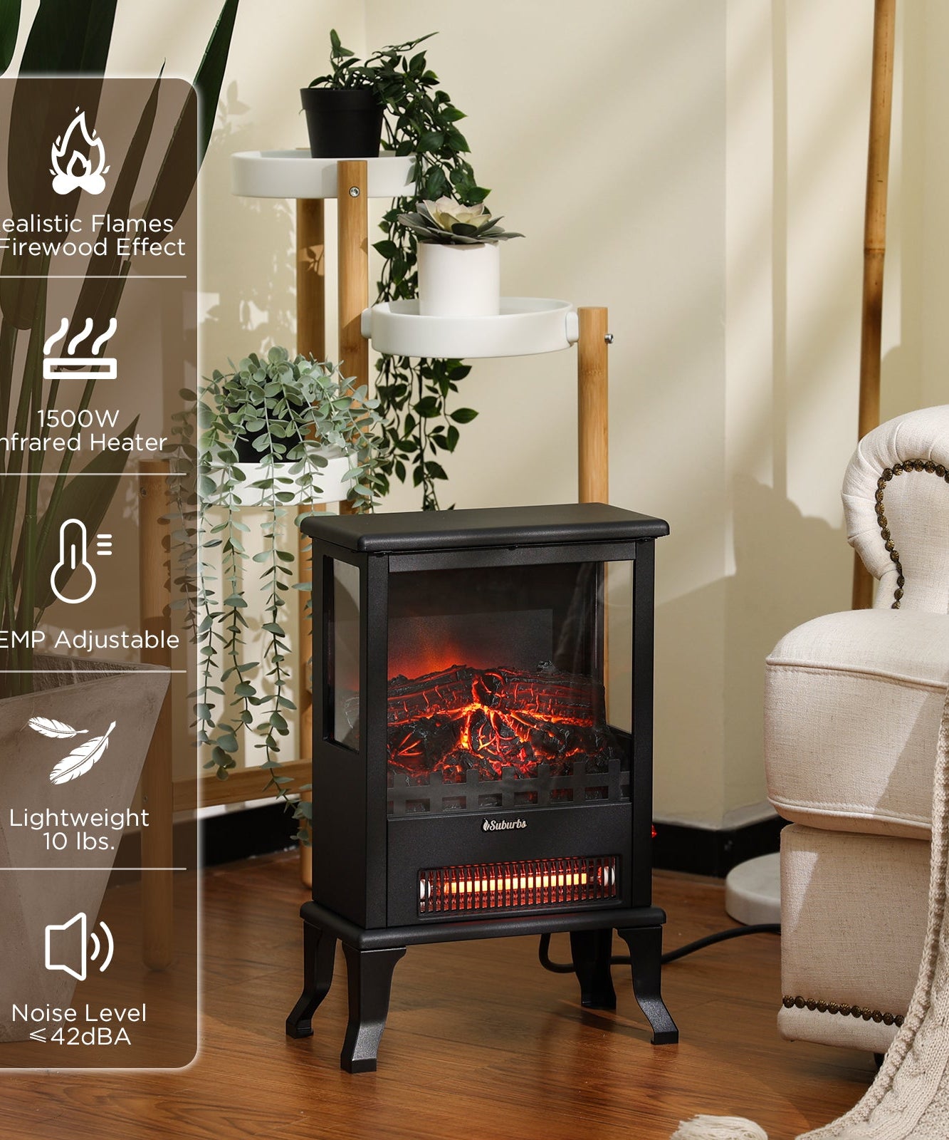 (Open Box) Suburbs TS17Q Electric Fireplace Stove Heater