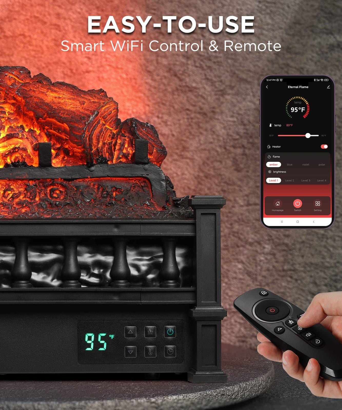 (Open Box) Eternal Flame EF26-PB Smart Electric Fireplace Logs, WiFi Enabled