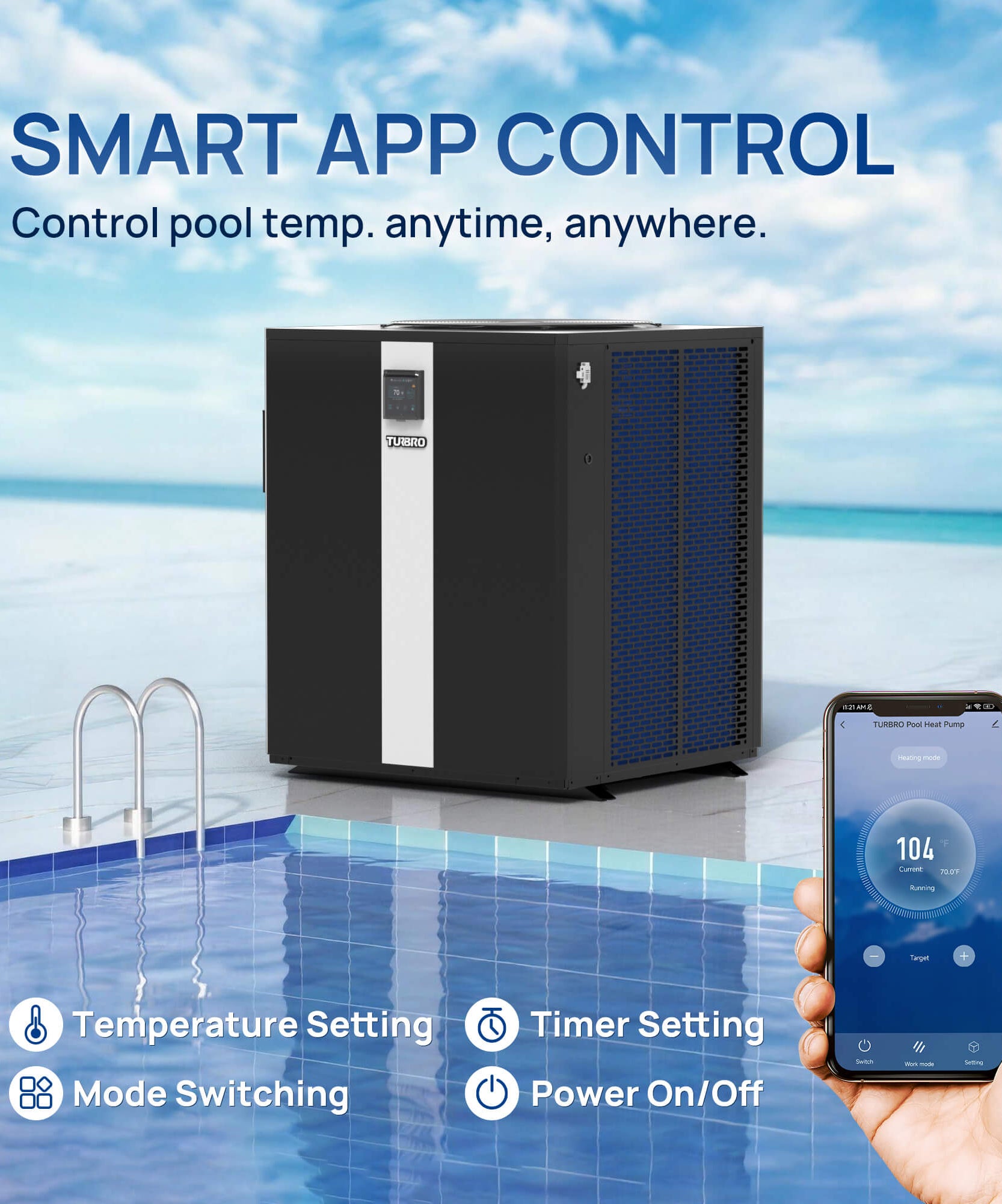 Beluga Inverter Top Discharge Pool Heat Pump, 120K/160K BTU