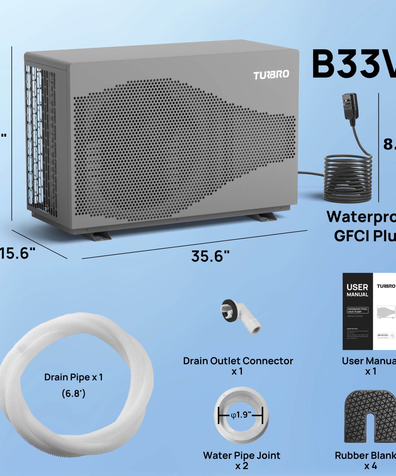 Beluga Inverter Pool Heat Pump, 33K/58K/100K BTU