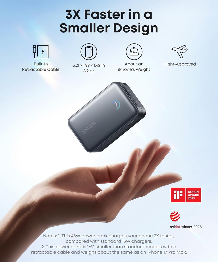 Anker Nano Power Bank (10K, 45W, Built-In Retractable USB-C Cable)