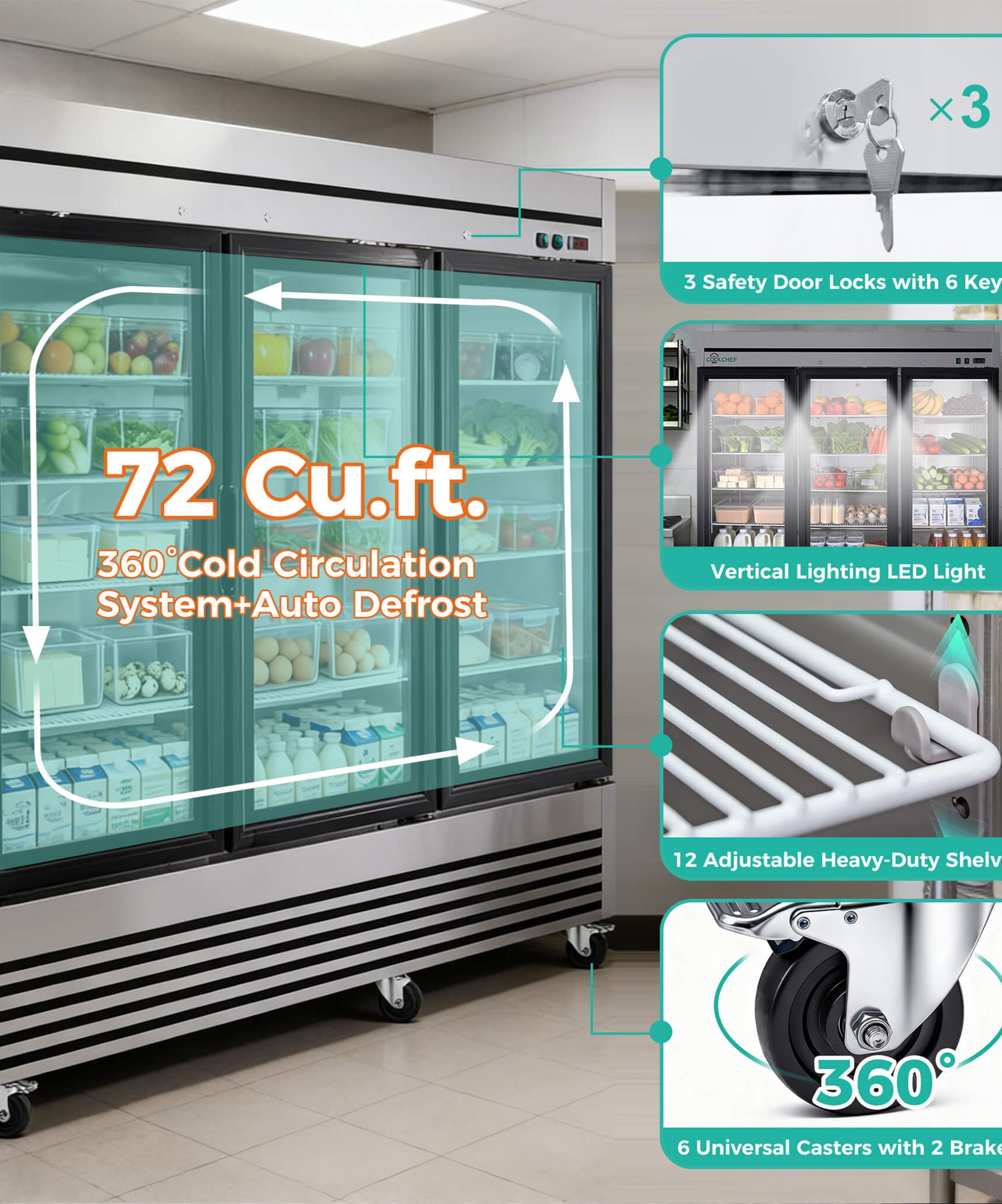 72 Cu.Ft Triple-Door Stainless Steel Commercial Reach-In Display Refrigerator (SAK26394)