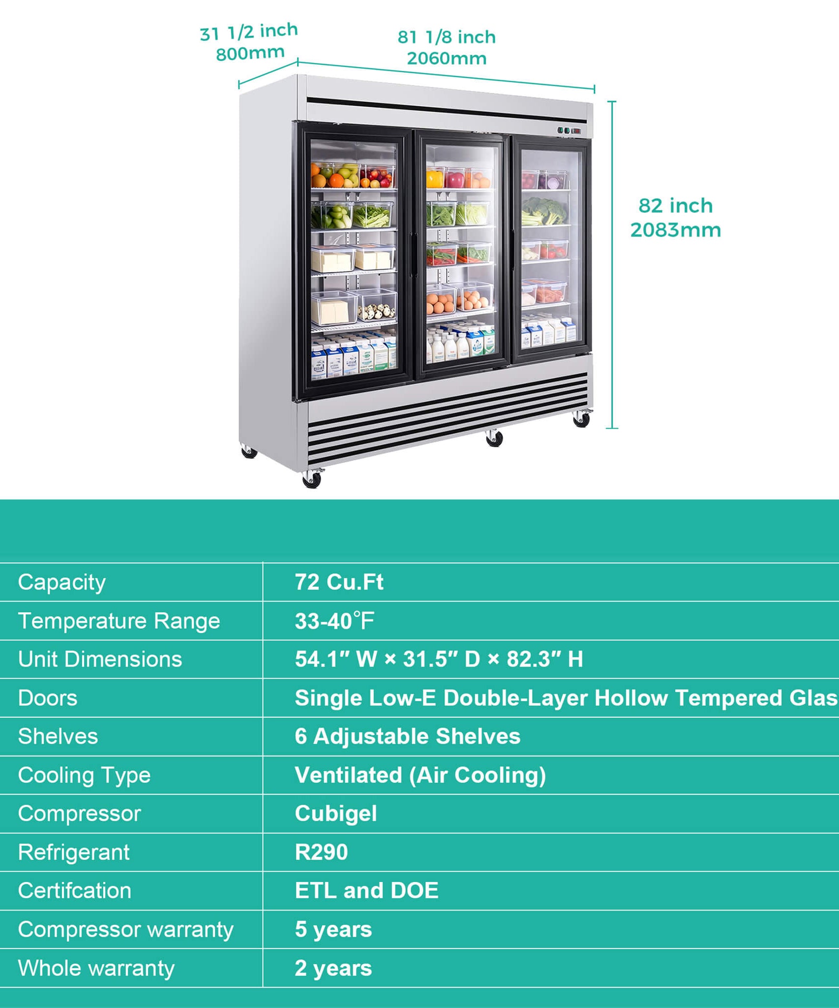 72 Cu.Ft Triple-Door Stainless Steel Commercial Reach-In Display Refrigerator (SAK26394)
