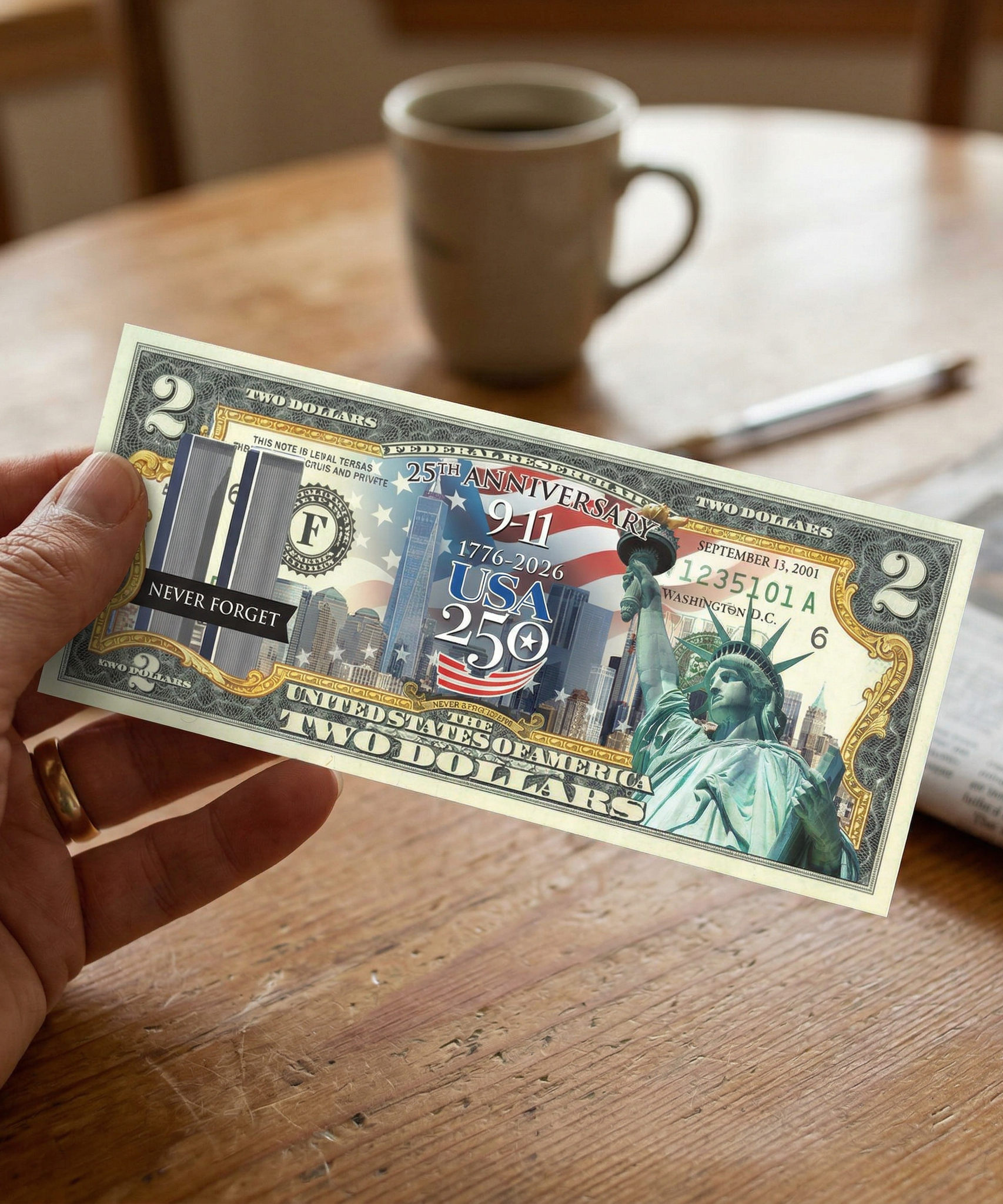 Gedenk-2-Dollar-Schein zum 25. Jahrestag von 9/11 + 250. Jahrestag Amerikas