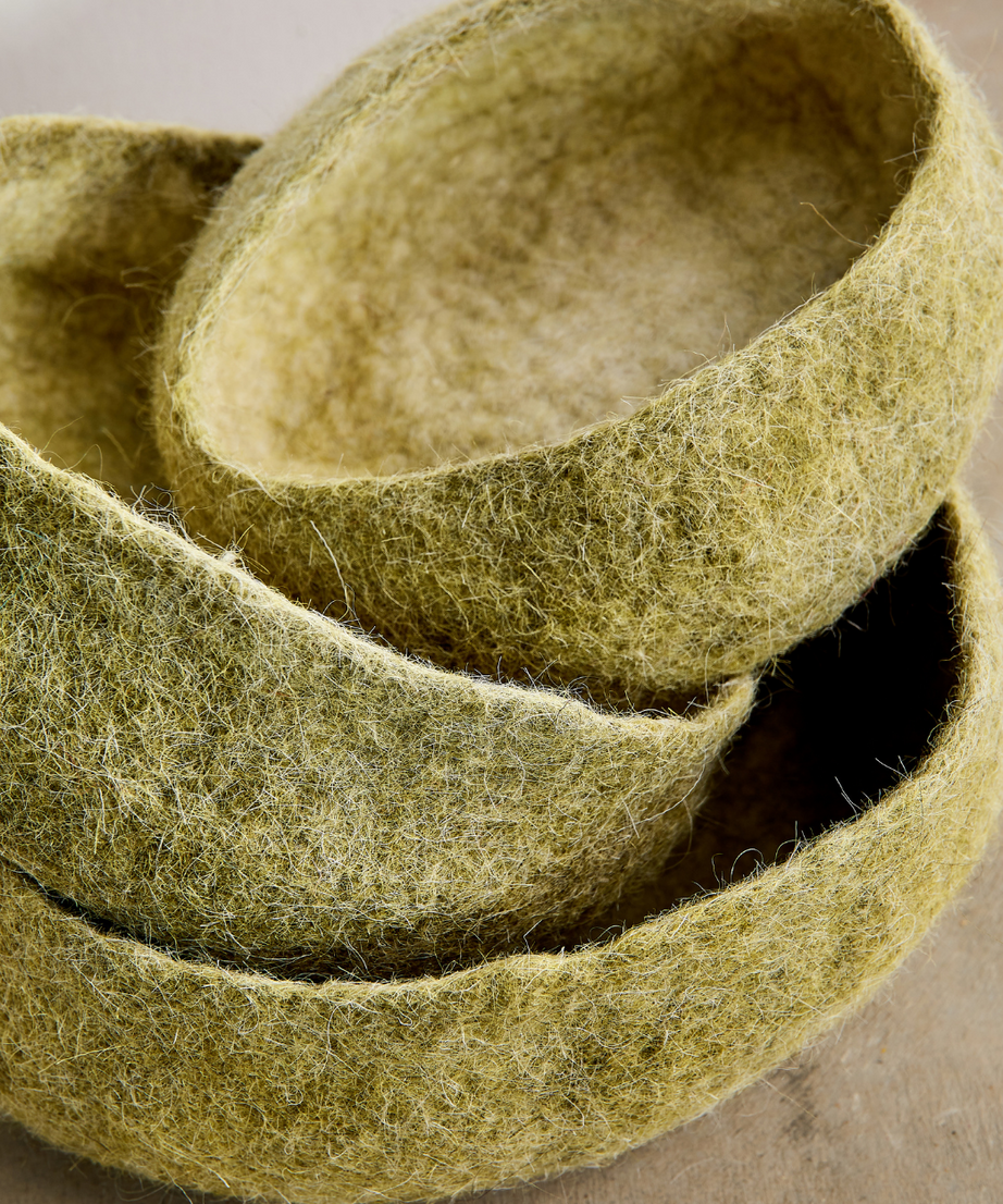 Olive Green Hand-Felted Wool Nesting Bowls