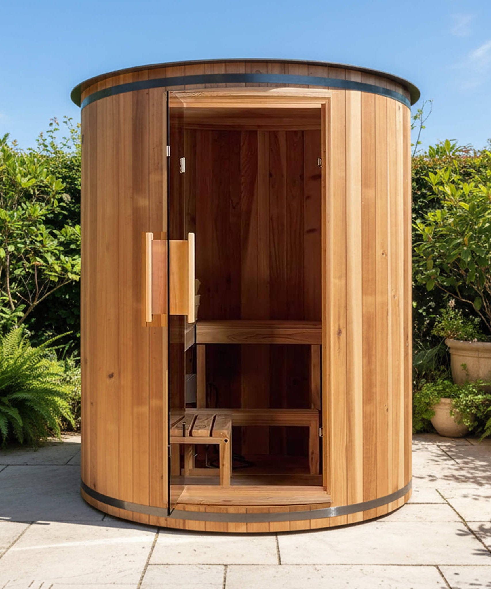 Thermora Barcelona Premium 78-Inch 4-Person Cedar Wood Outdoor Vertical Barrel Sauna With 6KW Heater, LED Lights And Stones (SAK74813)