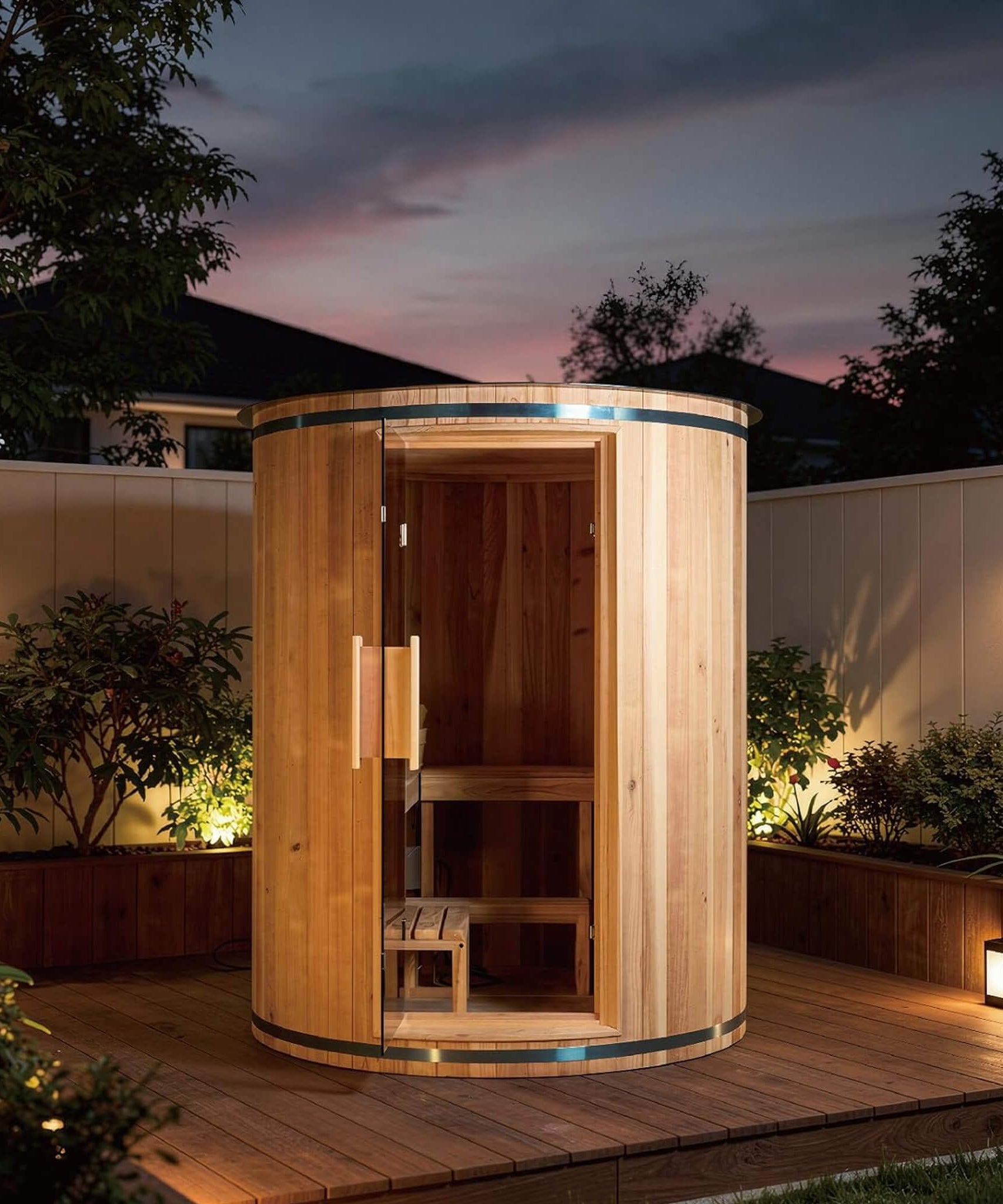 Thermora Barcelona Premium 78-Inch 4-Person Cedar Wood Outdoor Vertical Barrel Sauna With 6KW Heater, LED Lights And Stones (SAK74813)