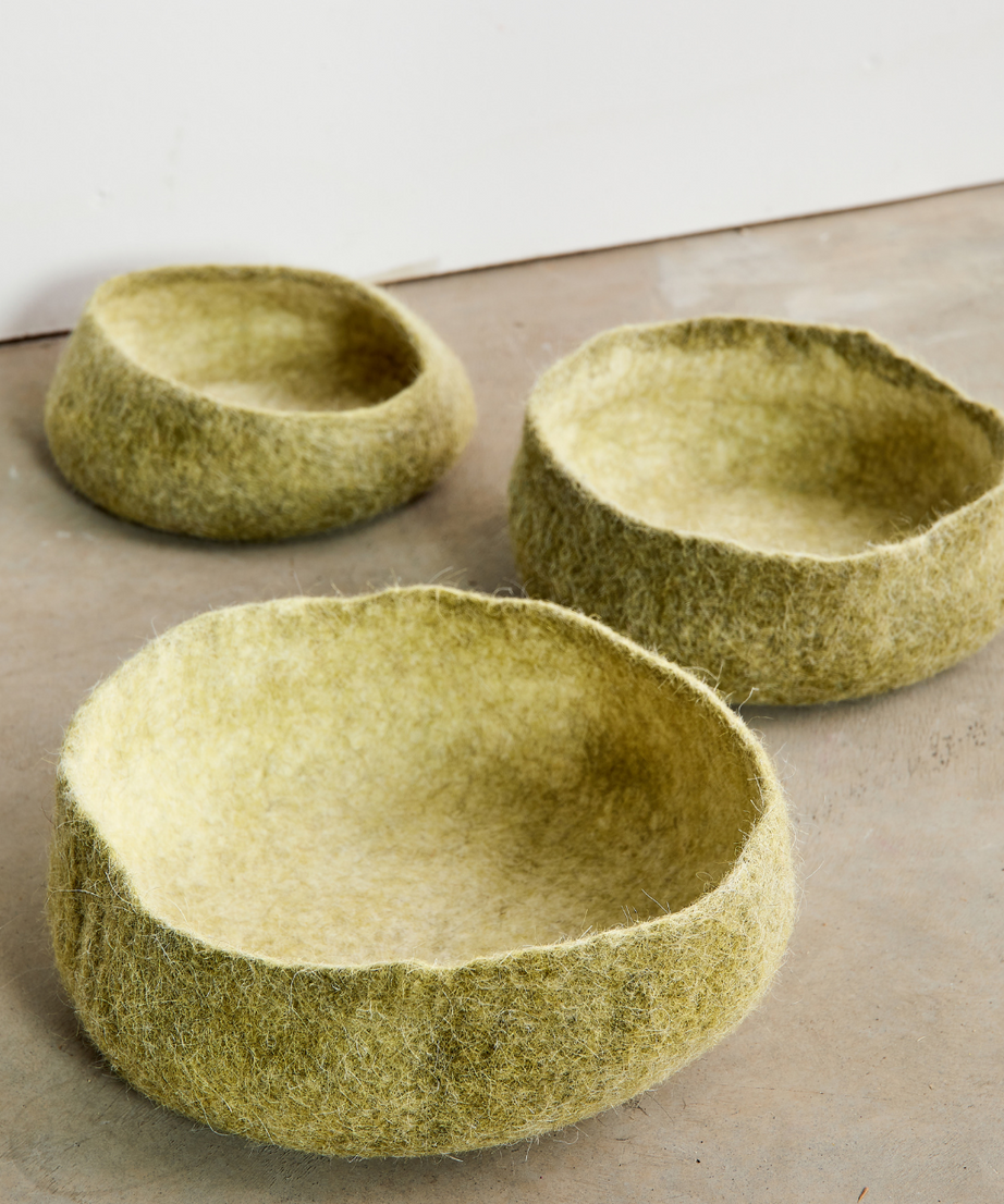 Olive Green Hand-Felted Wool Nesting Bowls