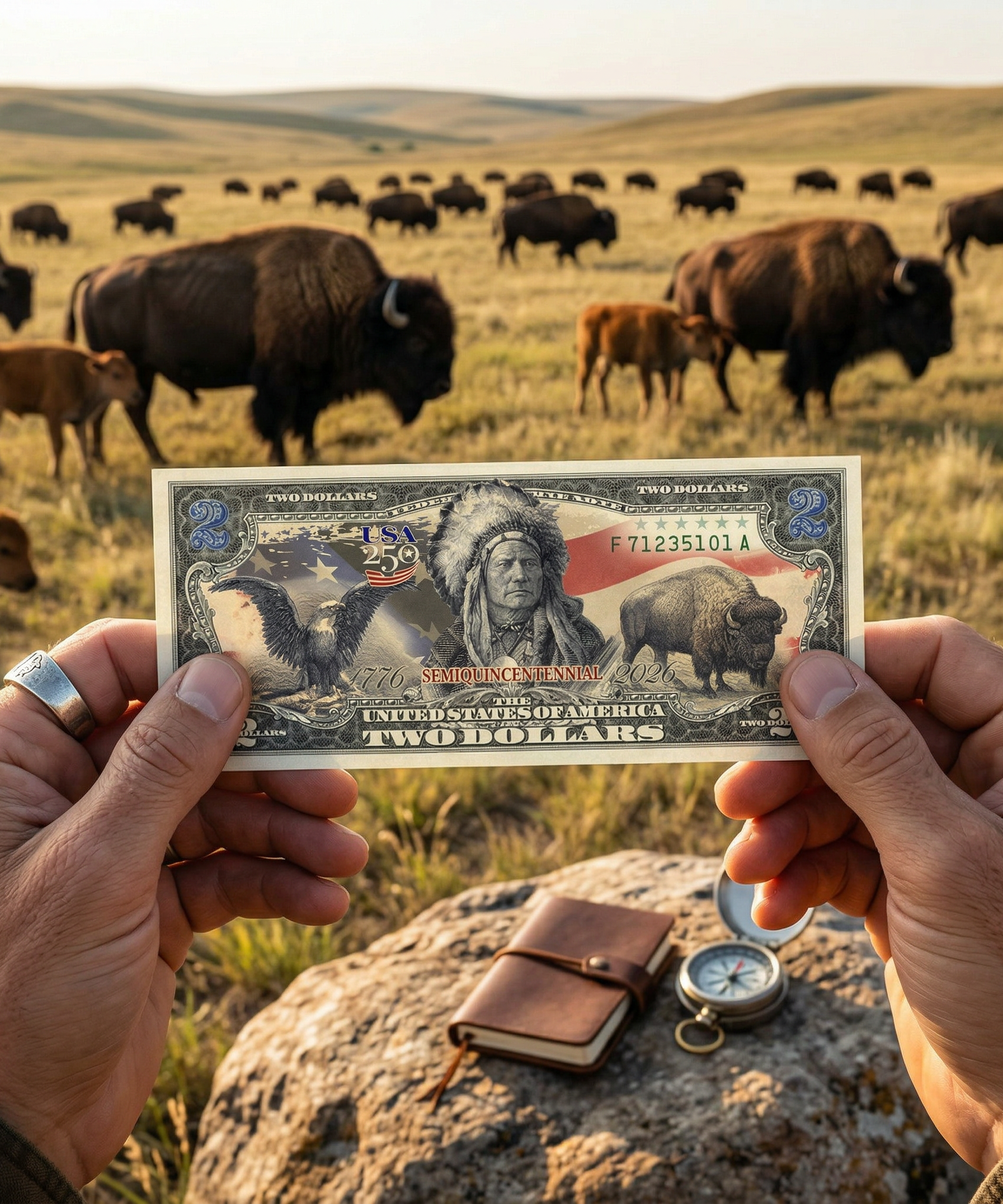 250-Jahre-2-Dollar-Schein – Schwarzer Adler, Indianerhäuptling & Bison