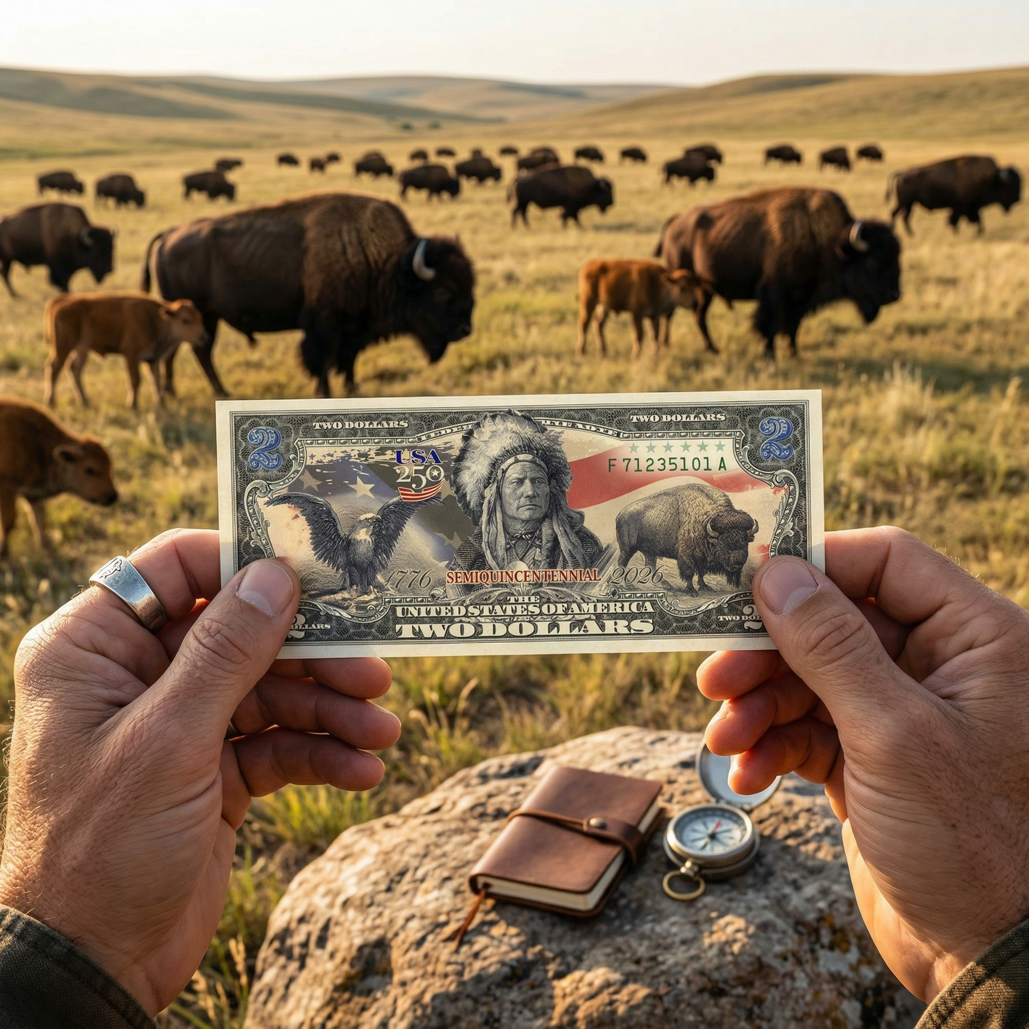 250-Jahre-2-Dollar-Schein – Schwarzer Adler, Indianerhäuptling & Bison