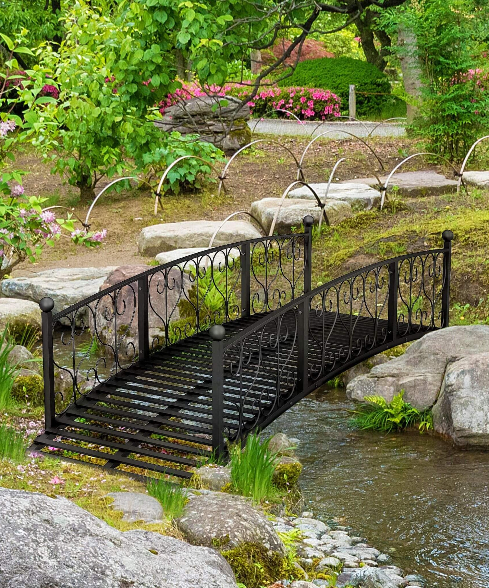 Alora 7FT Decorative Metal Arch Footbridge Garden Bridge With Safety Siderails (SAK53829)