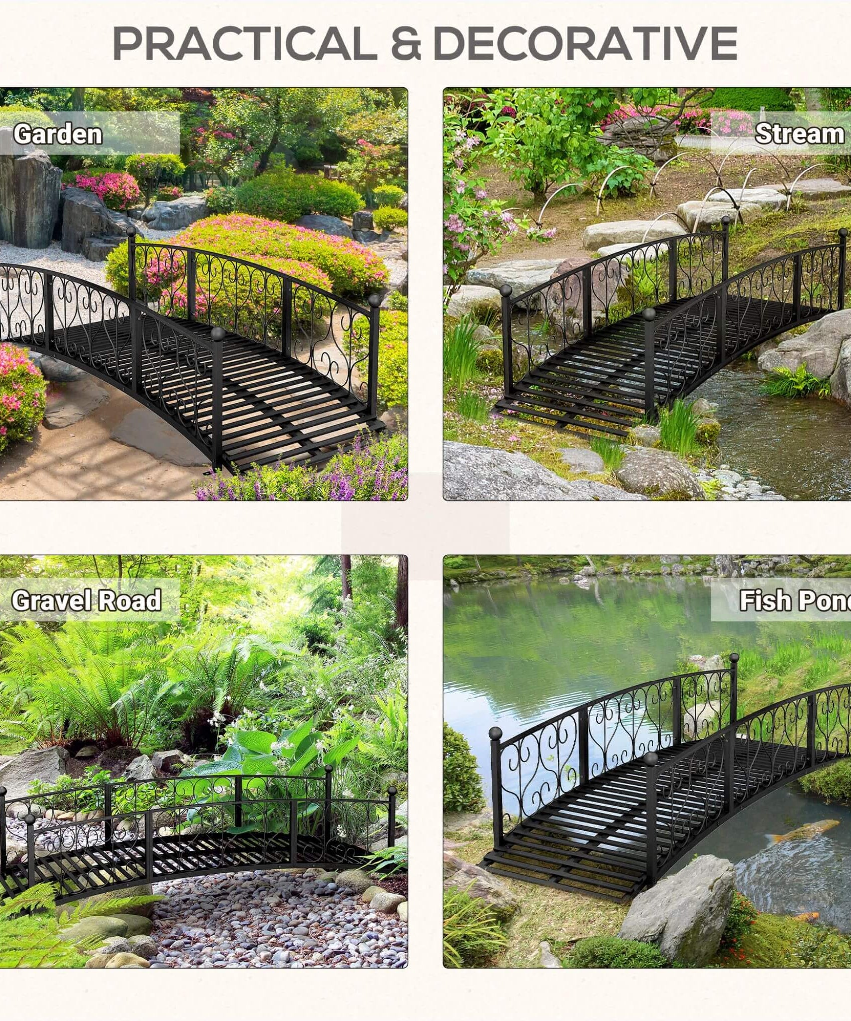 Alora 7FT Decorative Metal Arch Footbridge Garden Bridge With Safety Siderails (SAK53829)