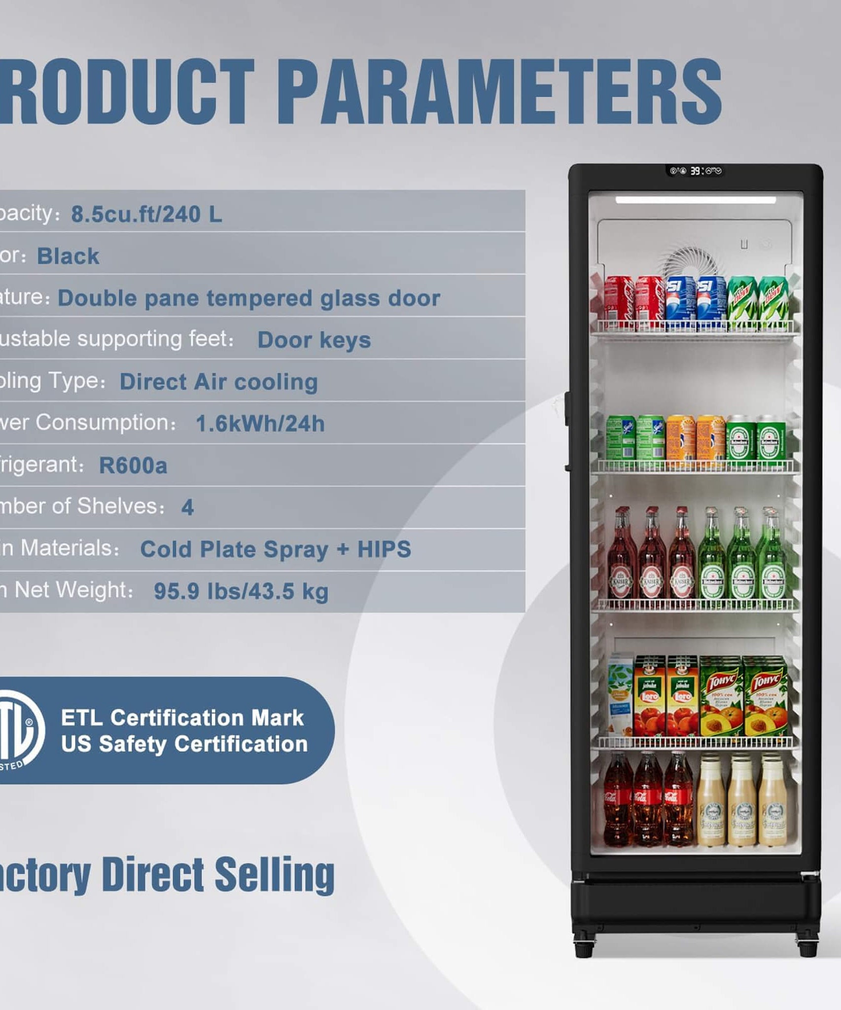 8.5 Cu.Ft Commercial Single Glass Door Beverage Merchandiser Refrigerator (SAK27946)