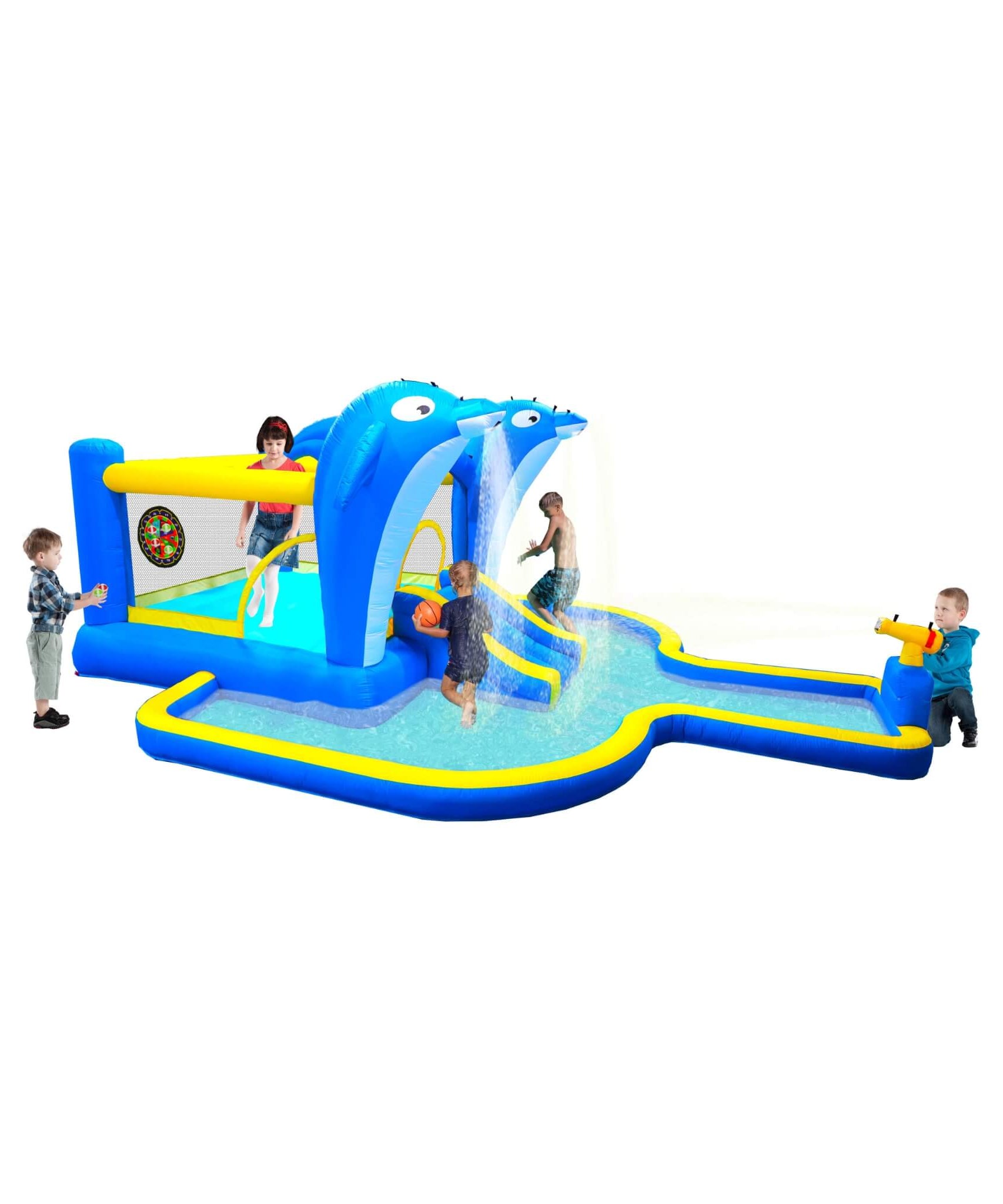 8-In-1 Inflatable Water Park Bounce House with Sprinkler, Water Gun, And Basketball Hoop (SAK38152)