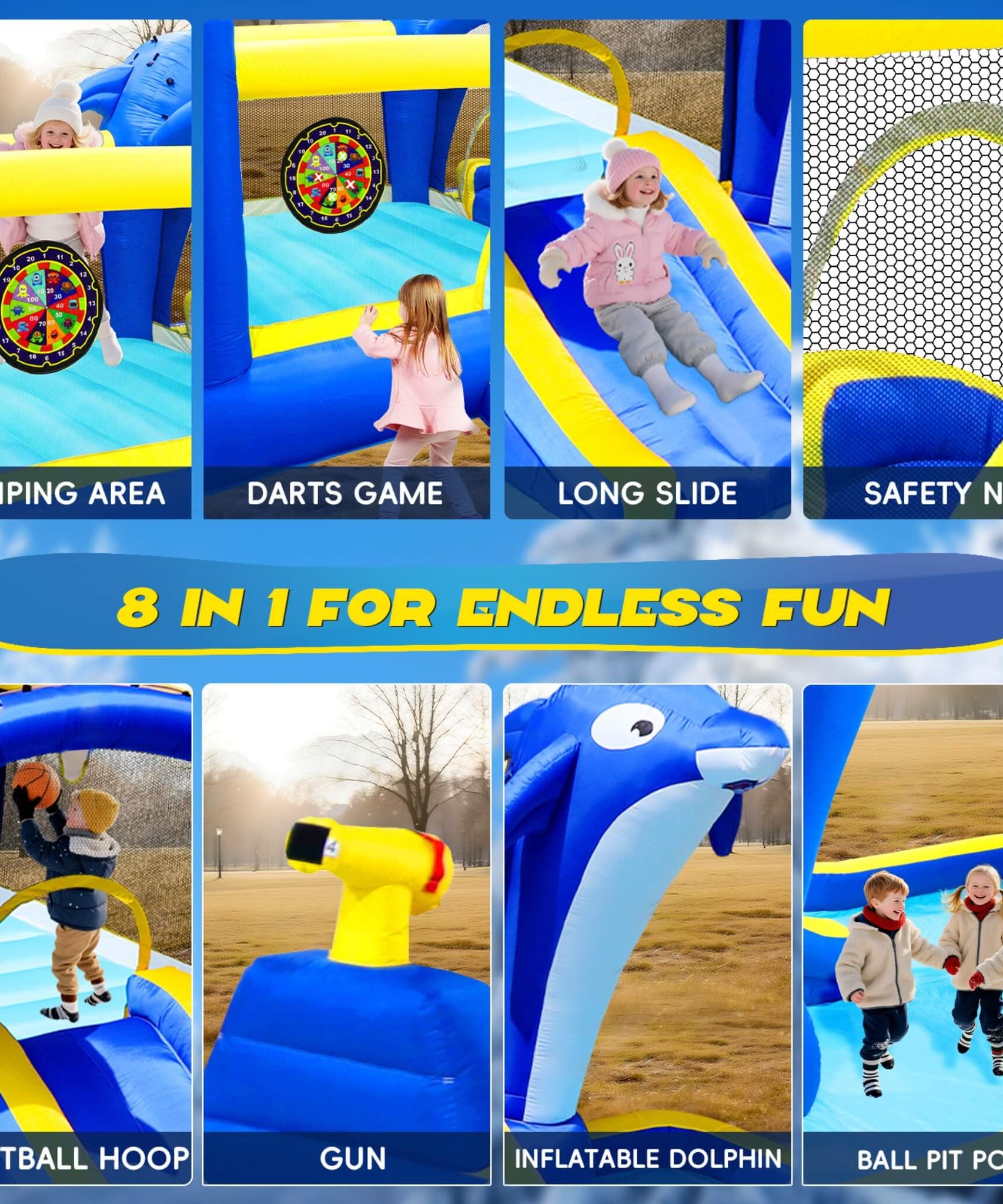 8-In-1 Inflatable Water Park Bounce House with Sprinkler, Water Gun, And Basketball Hoop (SAK38152)