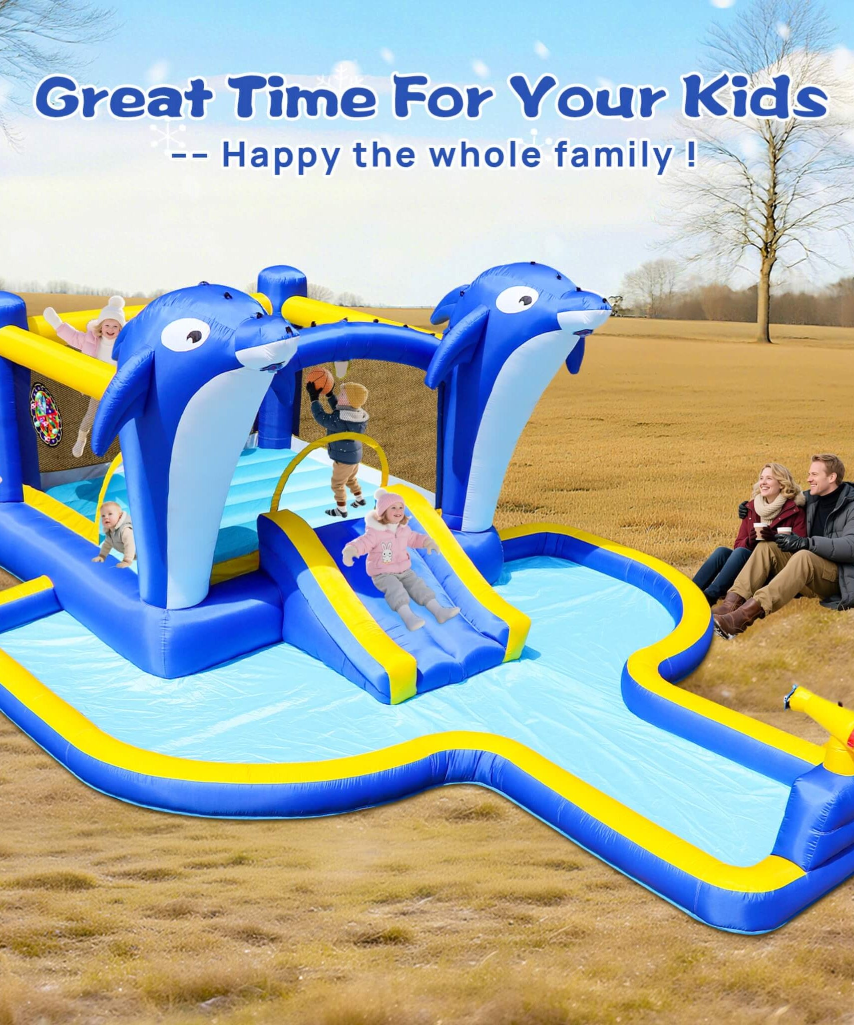 8-In-1 Inflatable Water Park Bounce House with Sprinkler, Water Gun, And Basketball Hoop (SAK38152)