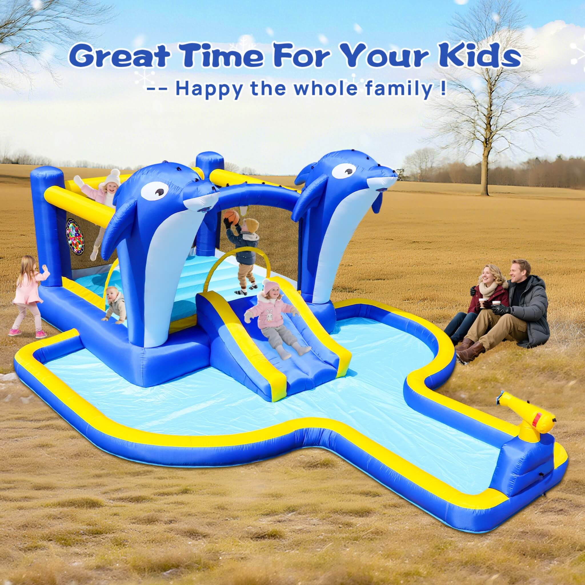 8-In-1 Inflatable Water Park Bounce House with Sprinkler, Water Gun, And Basketball Hoop (SAK38152)