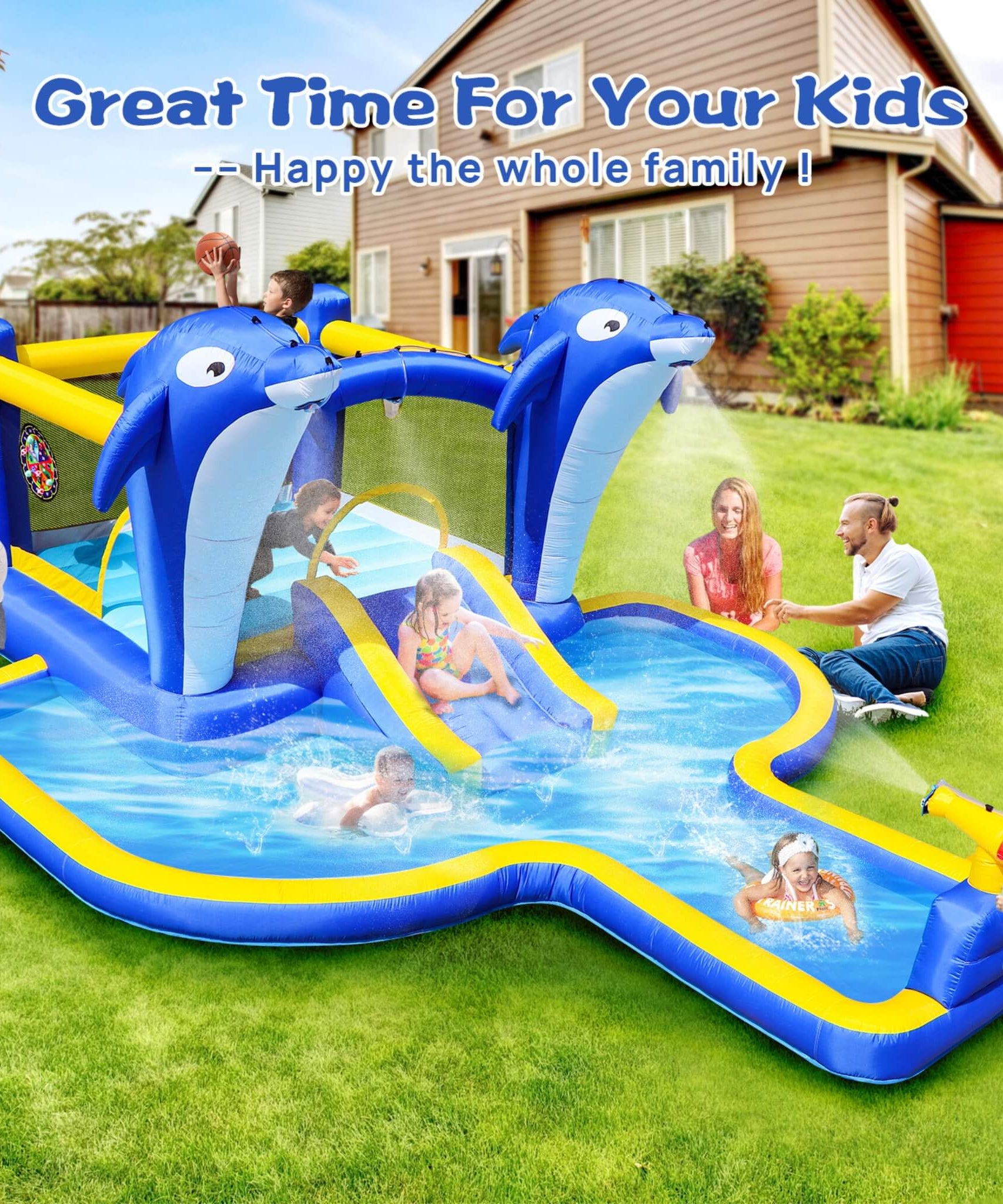 8-In-1 Inflatable Water Park Bounce House with Sprinkler, Water Gun, And Basketball Hoop (SAK38152)