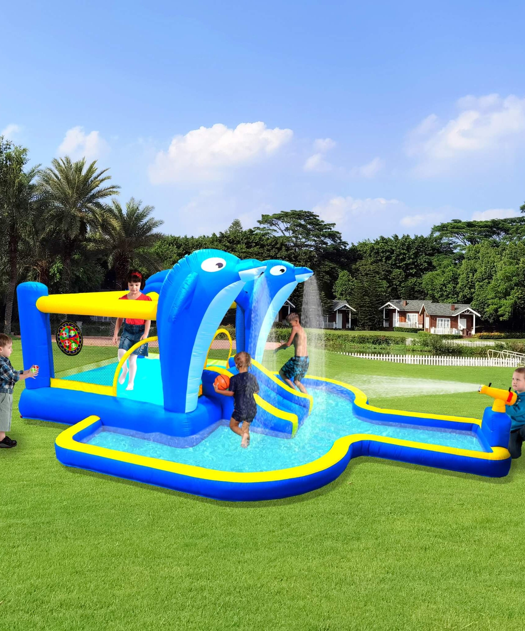8-In-1 Inflatable Water Park Bounce House with Sprinkler, Water Gun, And Basketball Hoop (SAK38152)