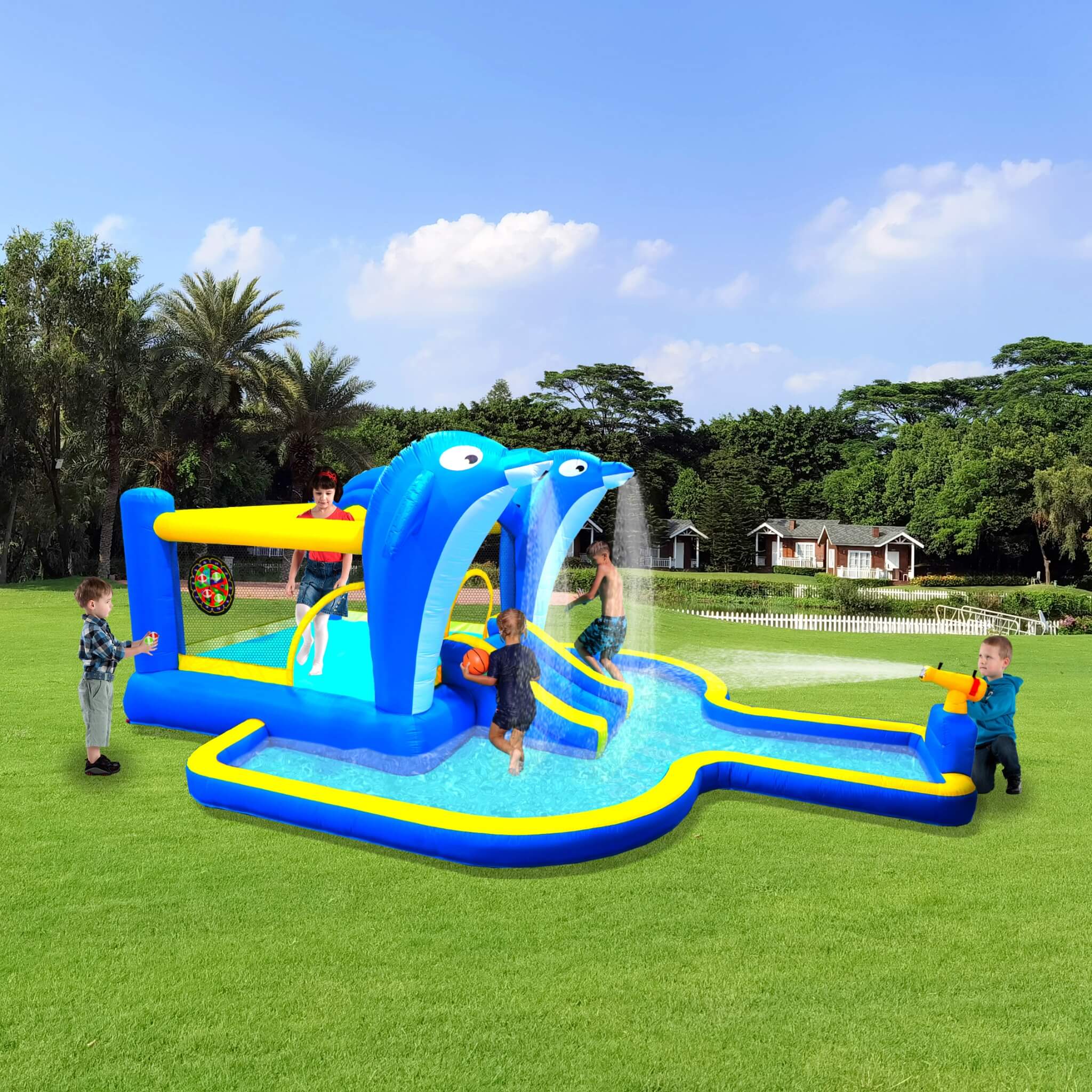8-In-1 Inflatable Water Park Bounce House with Sprinkler, Water Gun, And Basketball Hoop (SAK38152)
