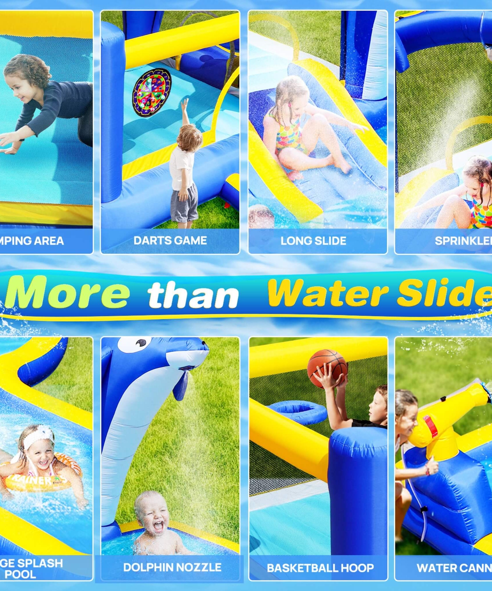 8-In-1 Inflatable Water Park Bounce House with Sprinkler, Water Gun, And Basketball Hoop (SAK38152)