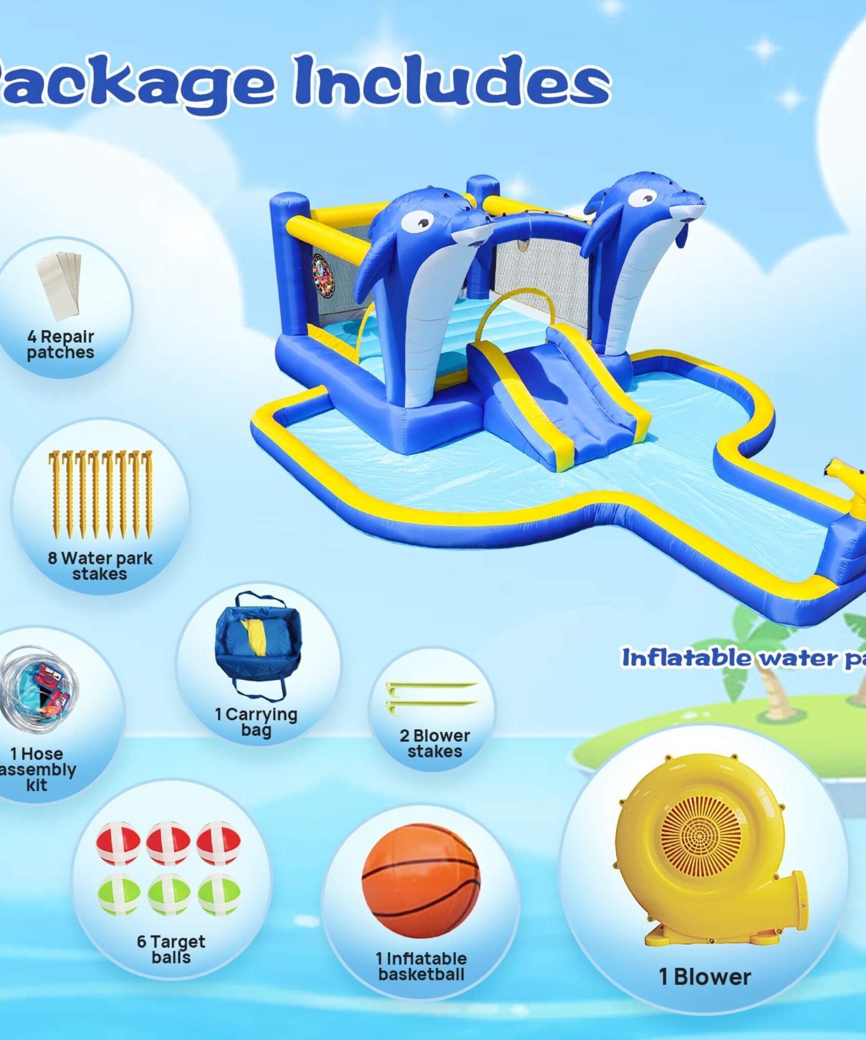 8-In-1 Inflatable Water Park Bounce House with Sprinkler, Water Gun, And Basketball Hoop (SAK38152)