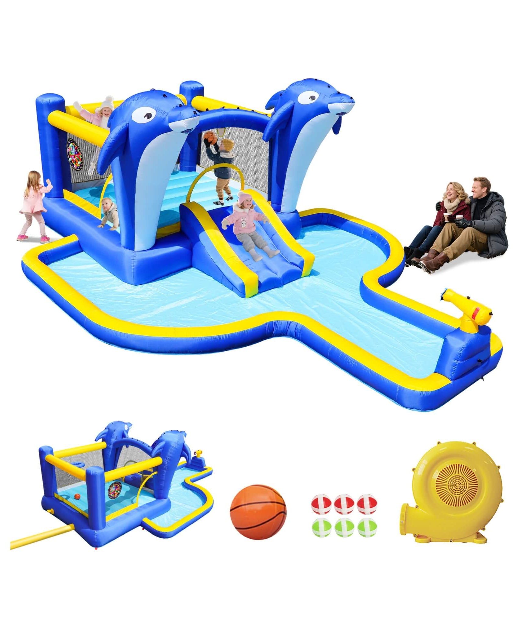 8-In-1 Inflatable Water Park Bounce House with Sprinkler, Water Gun, And Basketball Hoop (SAK38152)