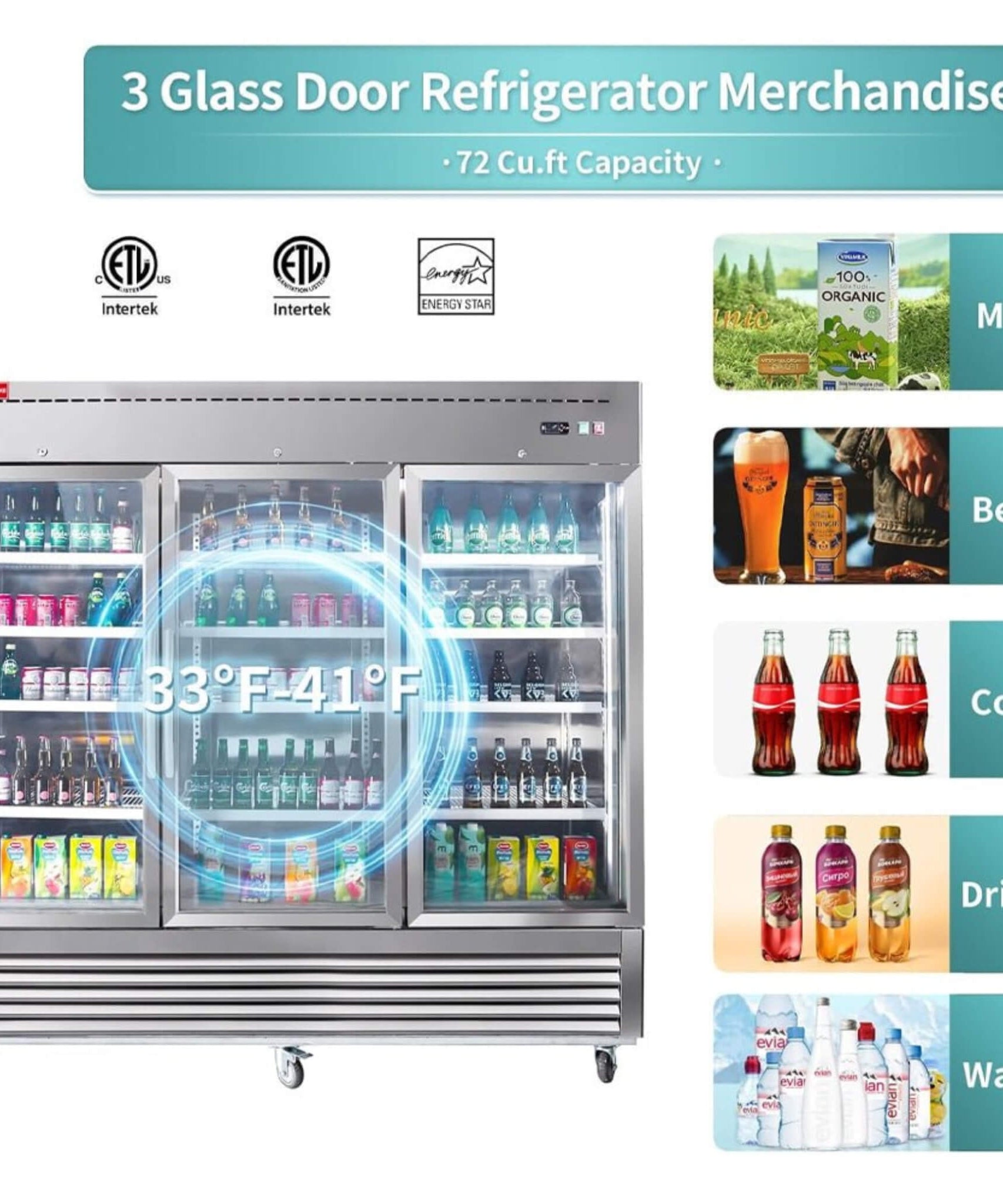 82-Inch Commercial Stainless Steel Upright Display 3 Section Merchandiser Refrigerator (SAK15724)