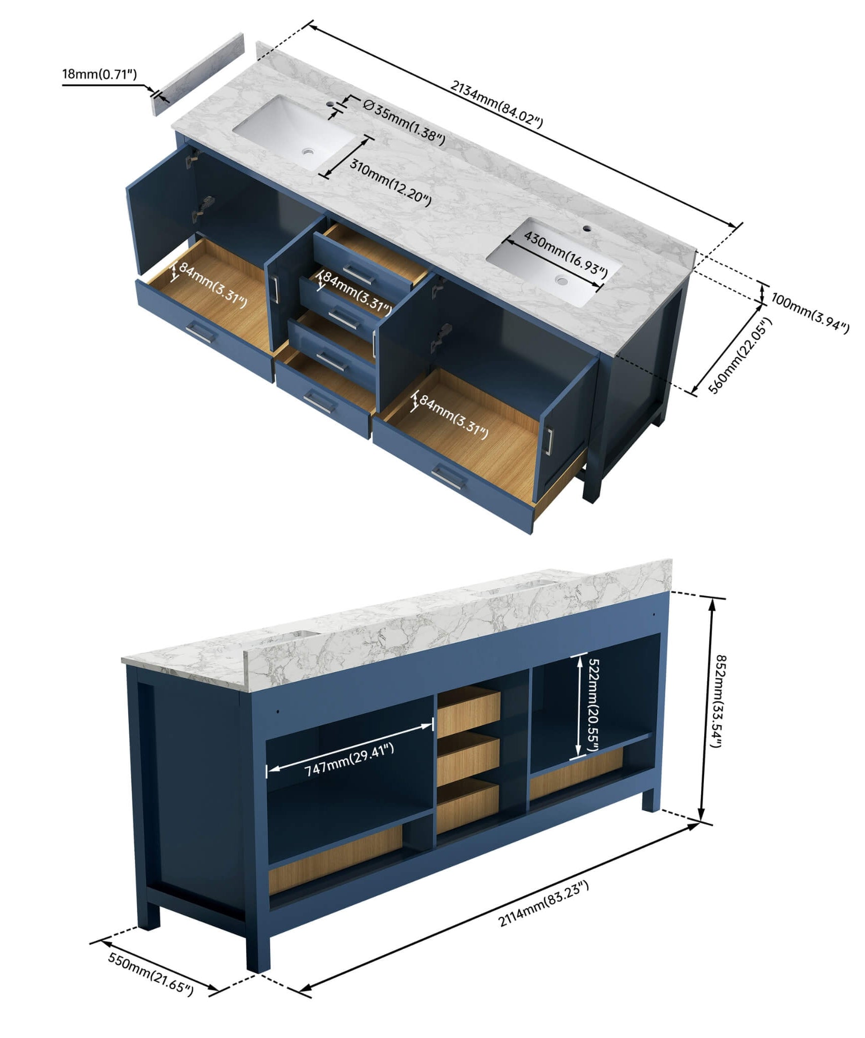 Nuvia 83-Inch Blue Modern Double Sink Freestanding Bathroom Vanity (SAK13972)