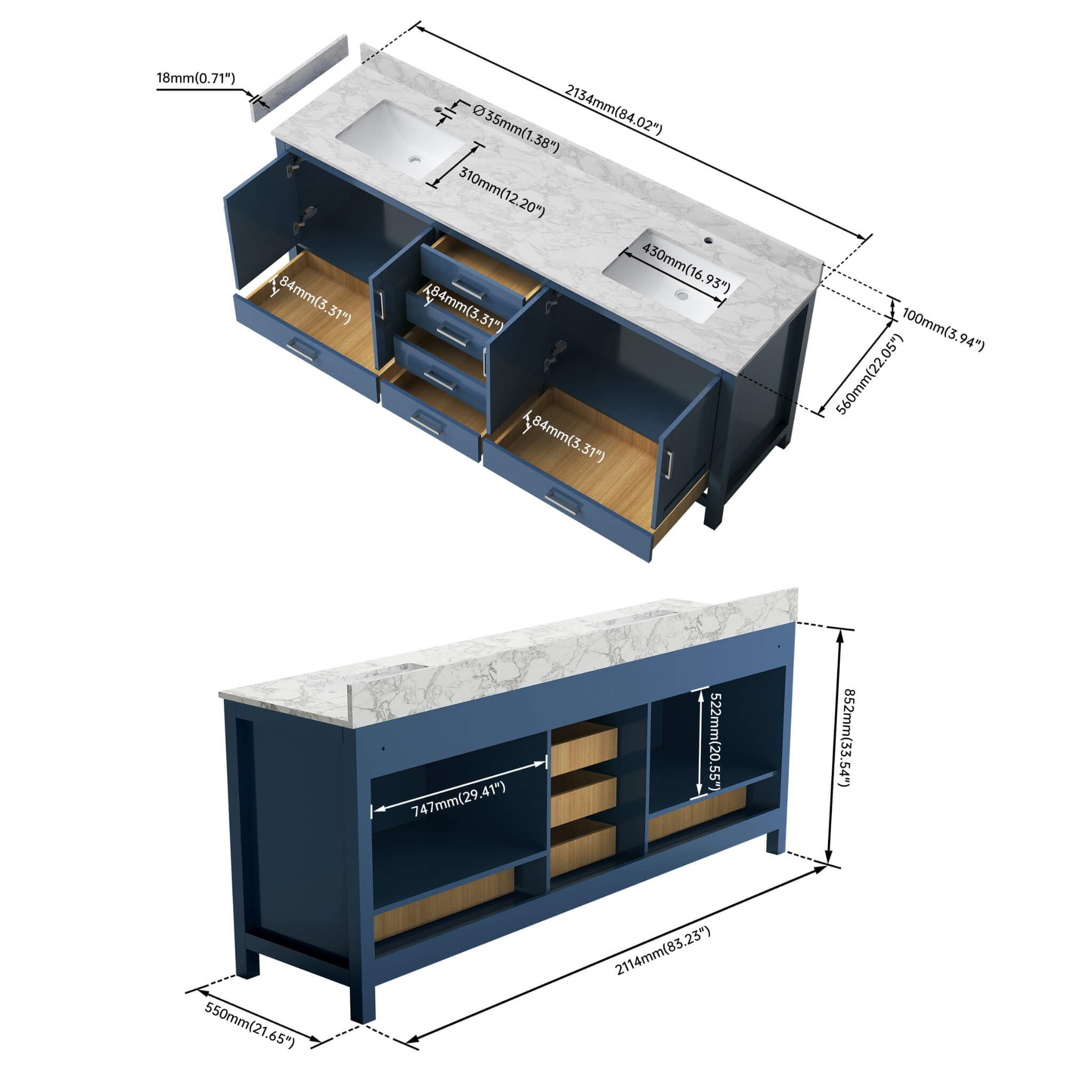 Nuvia 83-Inch Blue Modern Double Sink Freestanding Bathroom Vanity (SAK13972)