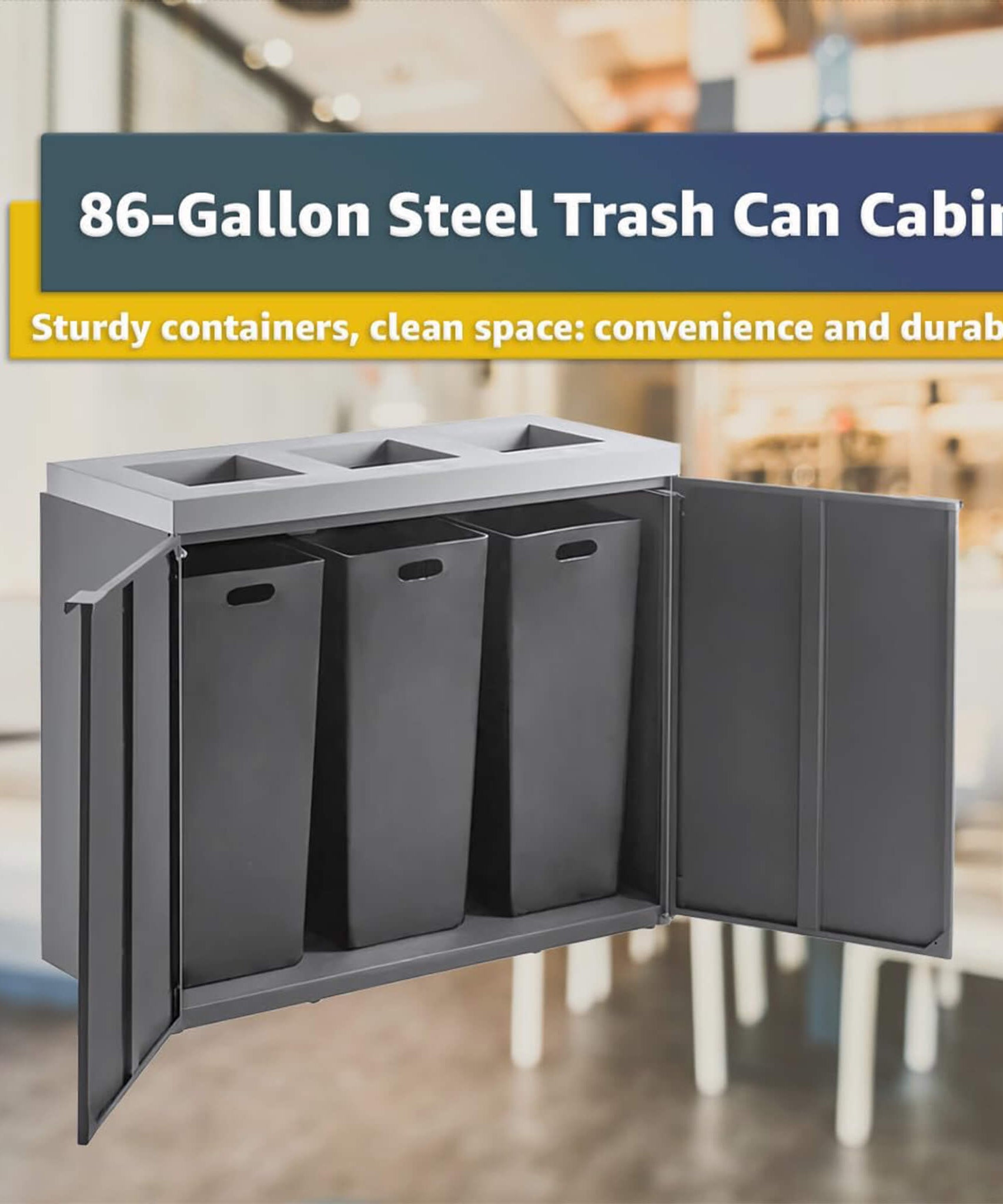 86-Gallon Heavy-Duty Commercial Steel Three-Stream Trash Can Cabinet (SAK80591)