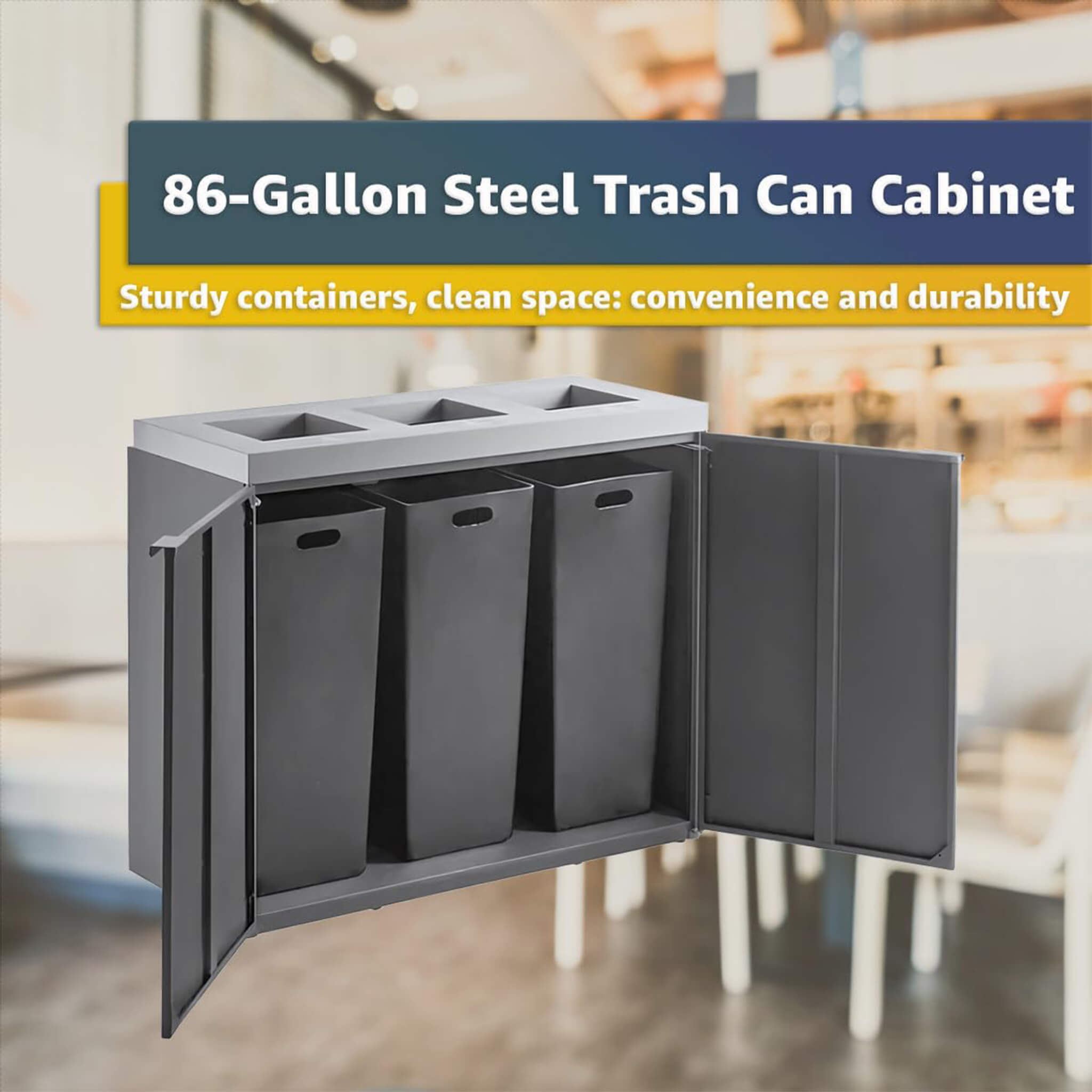86-Gallon Heavy-Duty Commercial Steel Three-Stream Trash Can Cabinet (SAK80591)